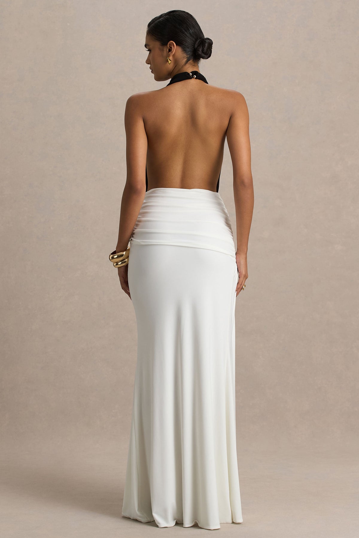 Tilly | Monochrome Jersey Ruched Plunge Wrap Maxi Dress With Open Back And Split