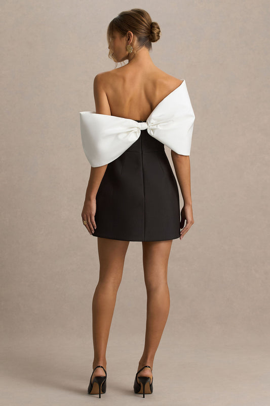 Tindra | Black And White Satin Bandeau-Neck Mini Dress With Bow Sleeves