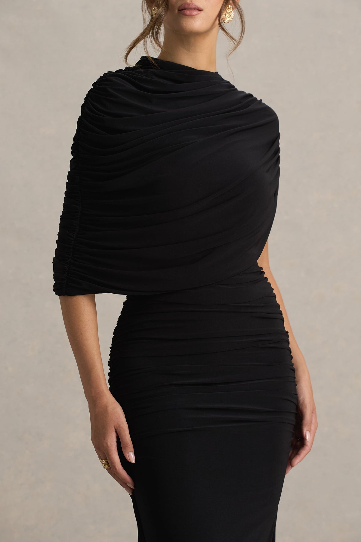 Glitz | Black High-Neck Maxi Dress With Cape Sleeve and Ruched Detail
