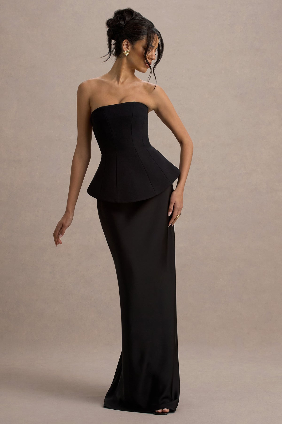 Ohio | Black Bandeau Maxi Dress With Satin Skirt And Corset