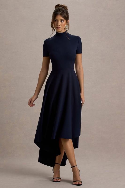 Bellona | Navy High-Neck High-Low Midi Dress