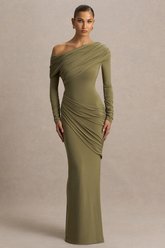 Perrie | Olive Asymmetric-Neck Maxi Dress With Ruched Detailing