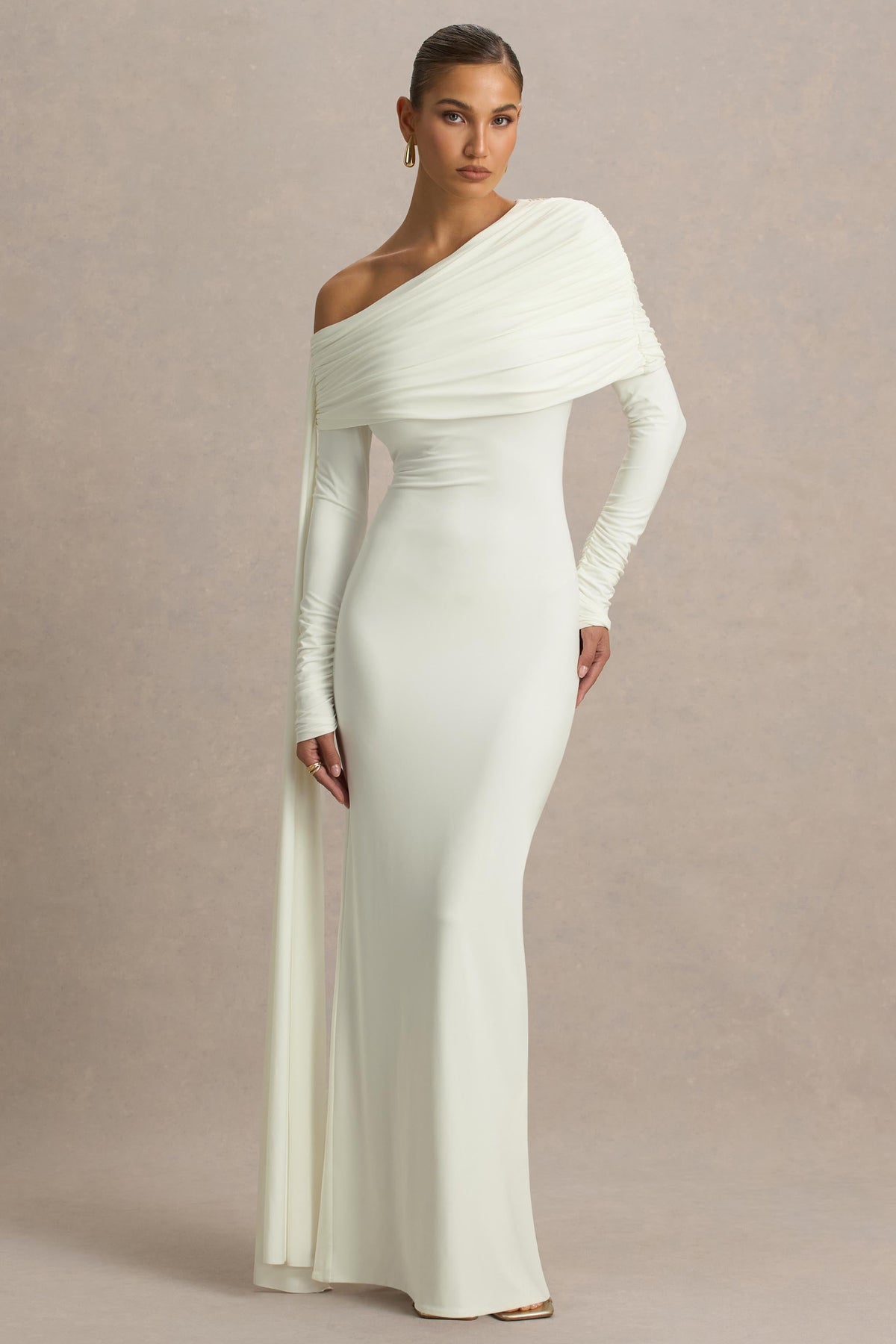 Octavia | Cream Bardot-Neck Maxi Dress With Sash And Ruched Detailing