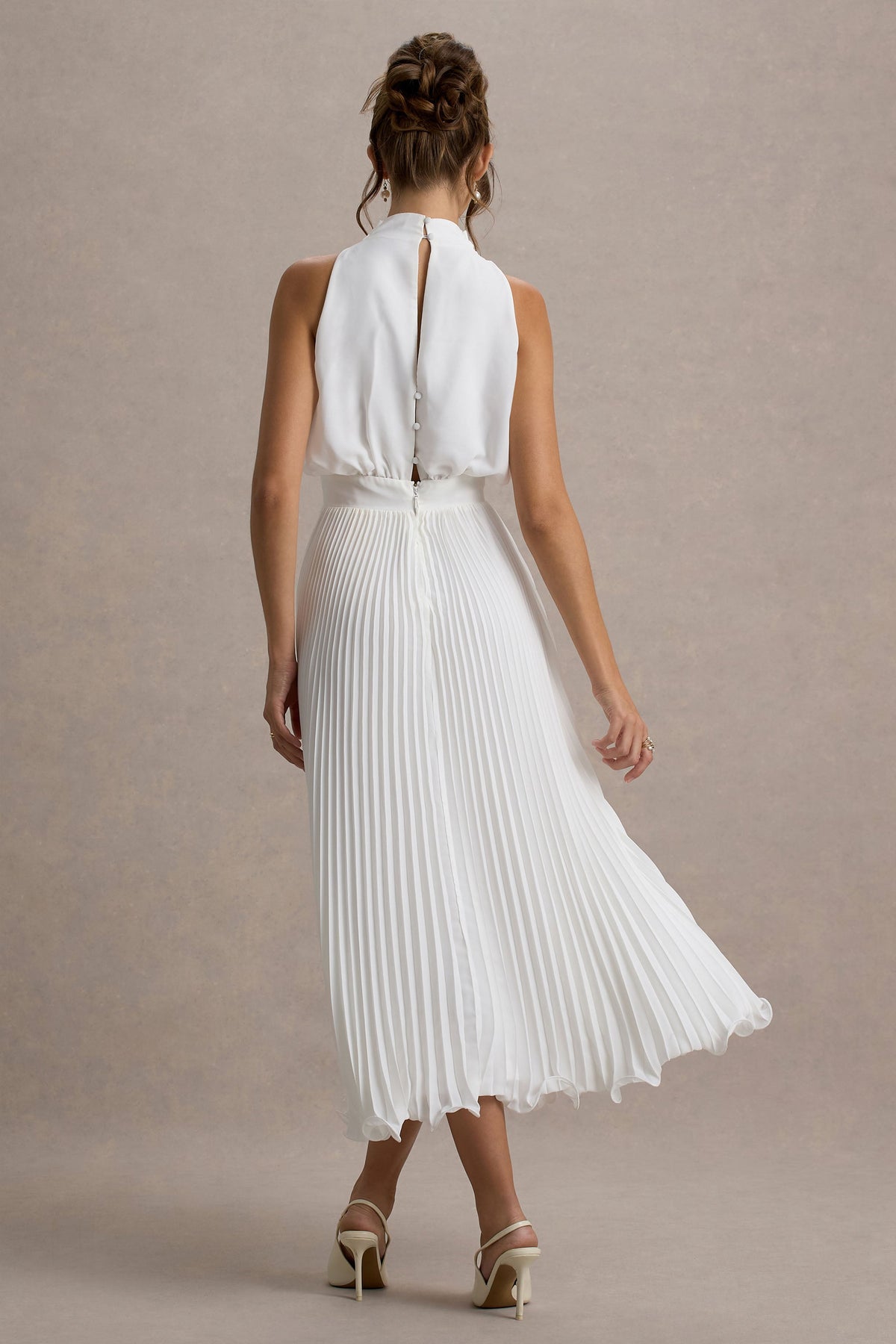 Nila | White Cowl-Neck Midi Dress With Plisse Skirt