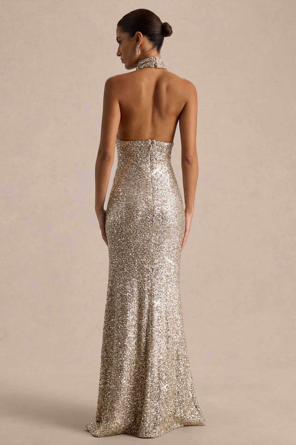 Tulia | Gold Sequin High-Neck Maxi Dress