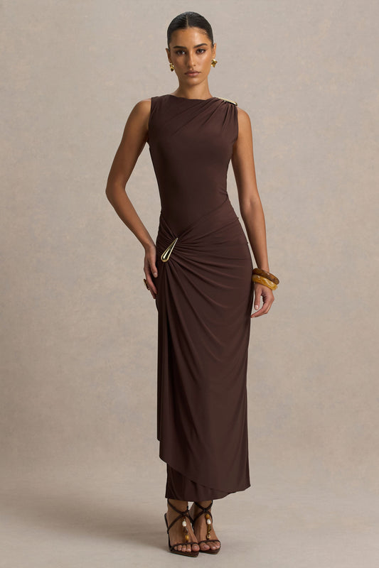 Fiora | Brown Wide-Neck Maxi Dress With Gathered Detail