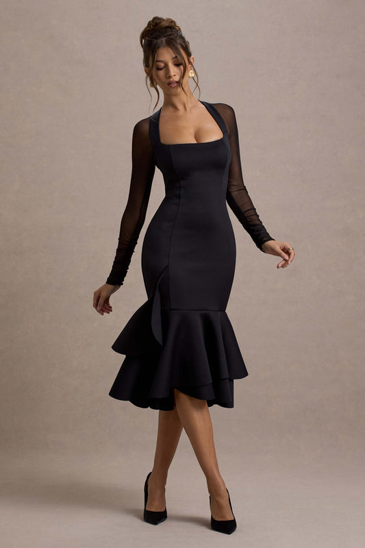 Sander | Black Mesh Long-Sleeve Ruffle-Hem Midi Dress