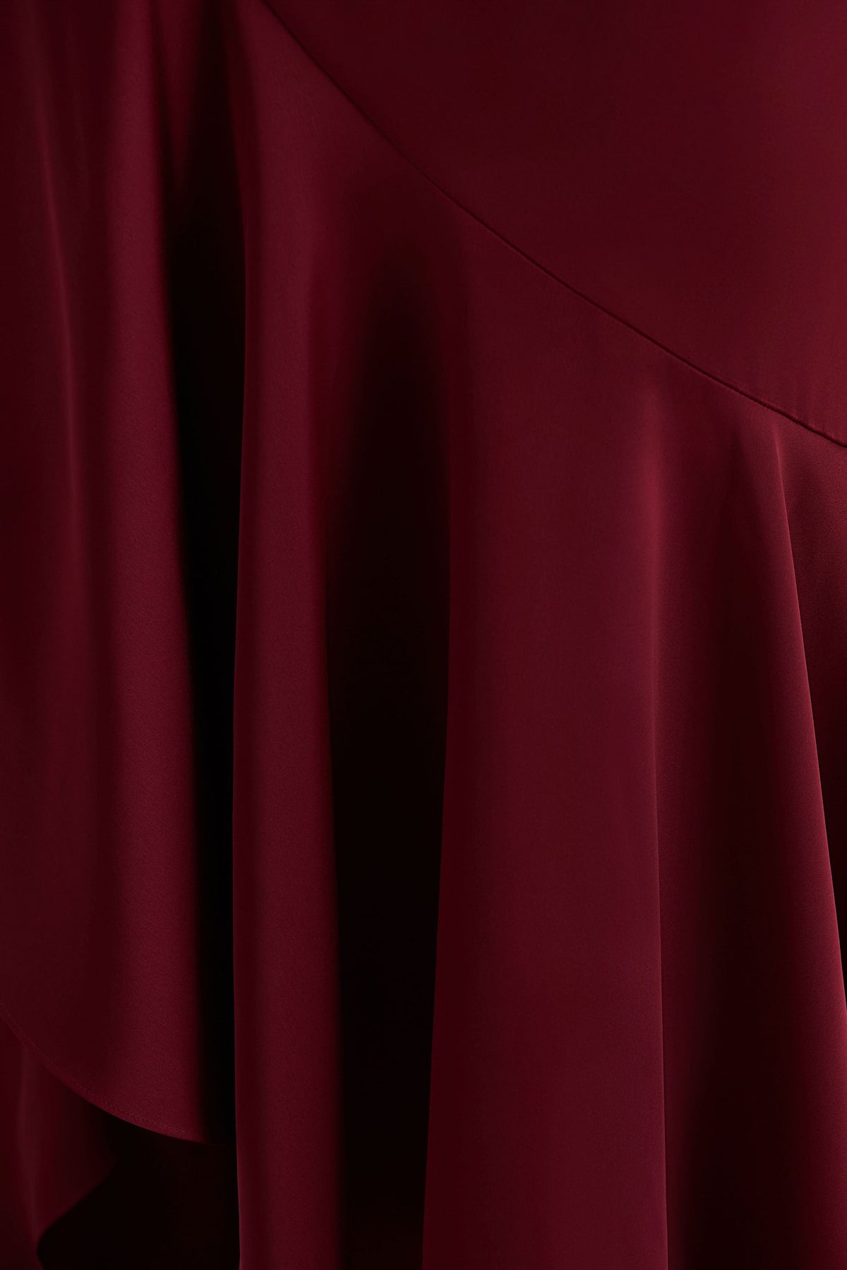 Rosy | Burgundy Satin Boat-Neck Maxi Dress With Front Split And Ruffled Detailing