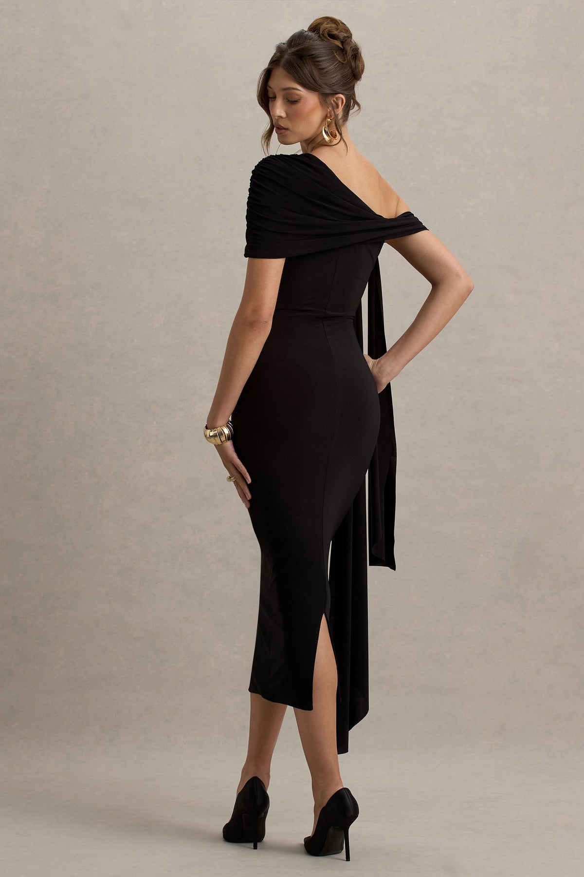 Praia | Black Asymmetric-Neck Maxi Dress With Sash and Draped Detailing