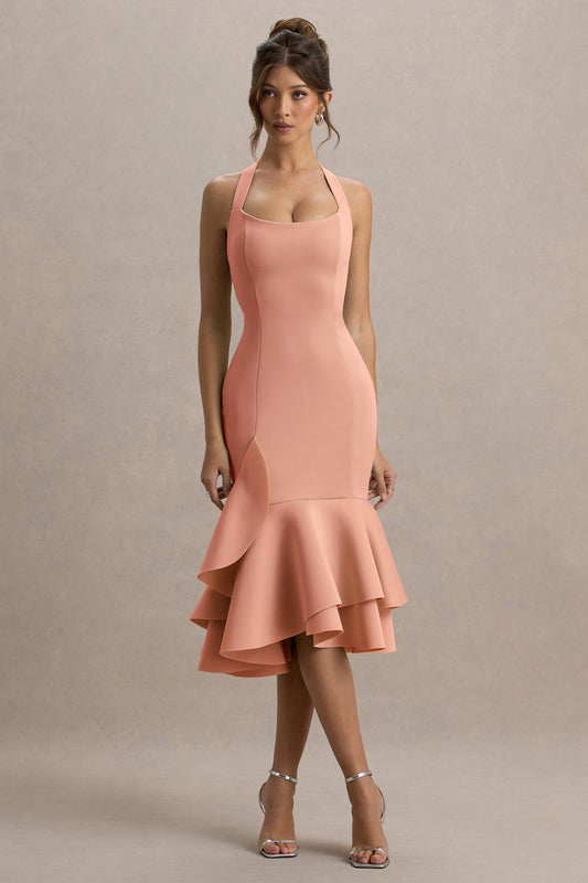 Arla | Pink Halter Neck Ruffle Trim Midi Dress