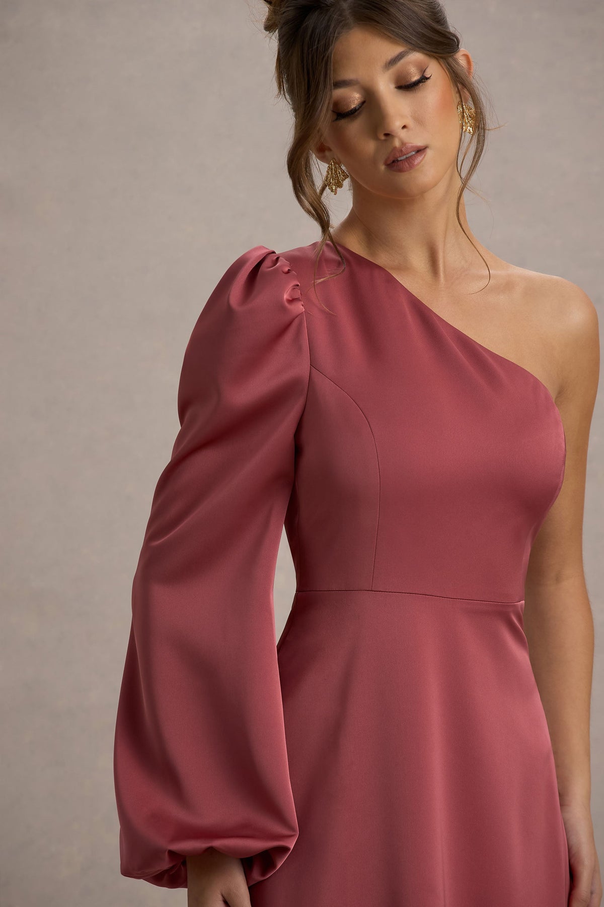 Haila | Rose Pink Satin One-Shoulder Midi Dress