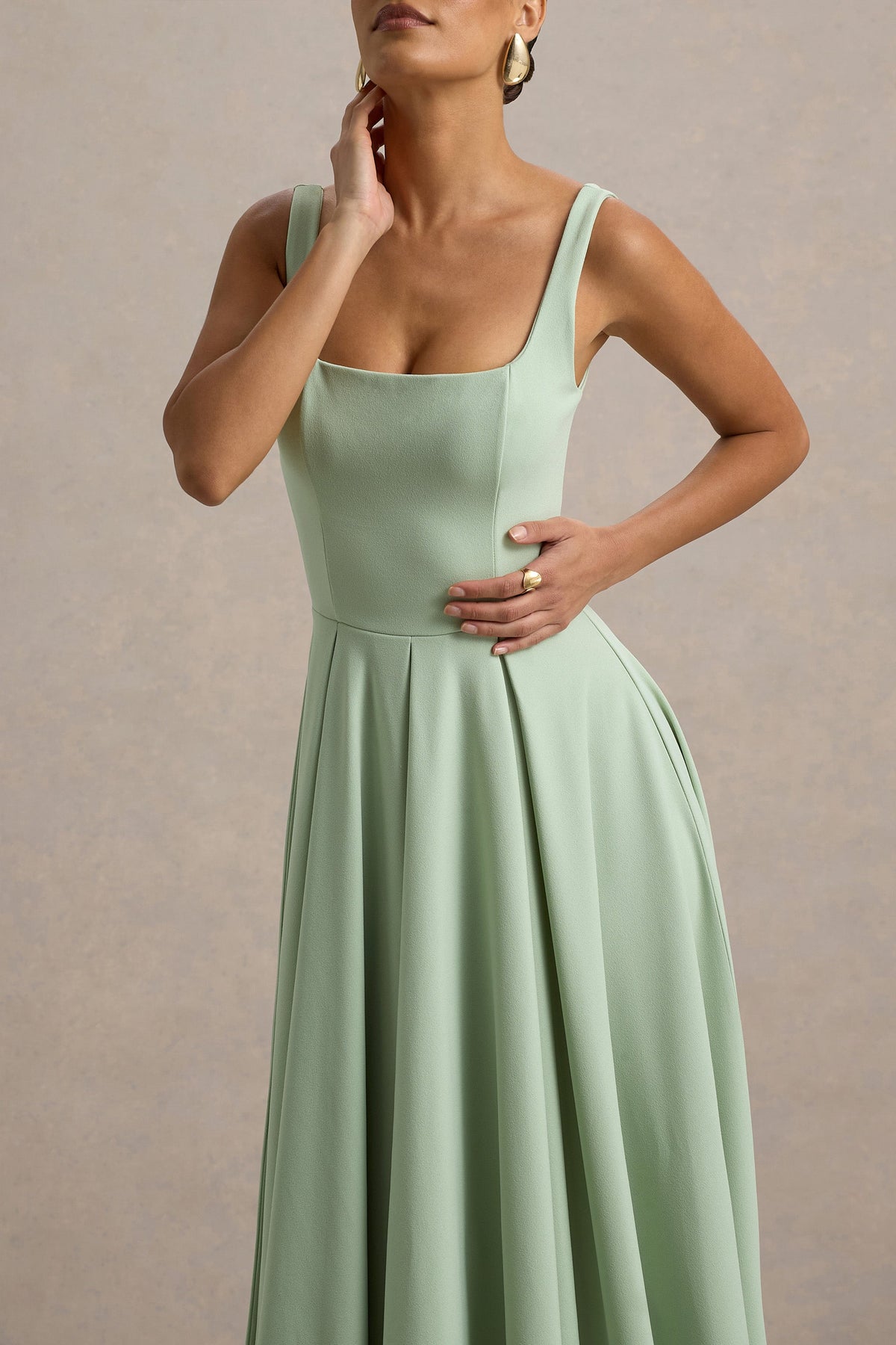 Parina | Light Green Scuba Square Neck A-Line Midi Dress