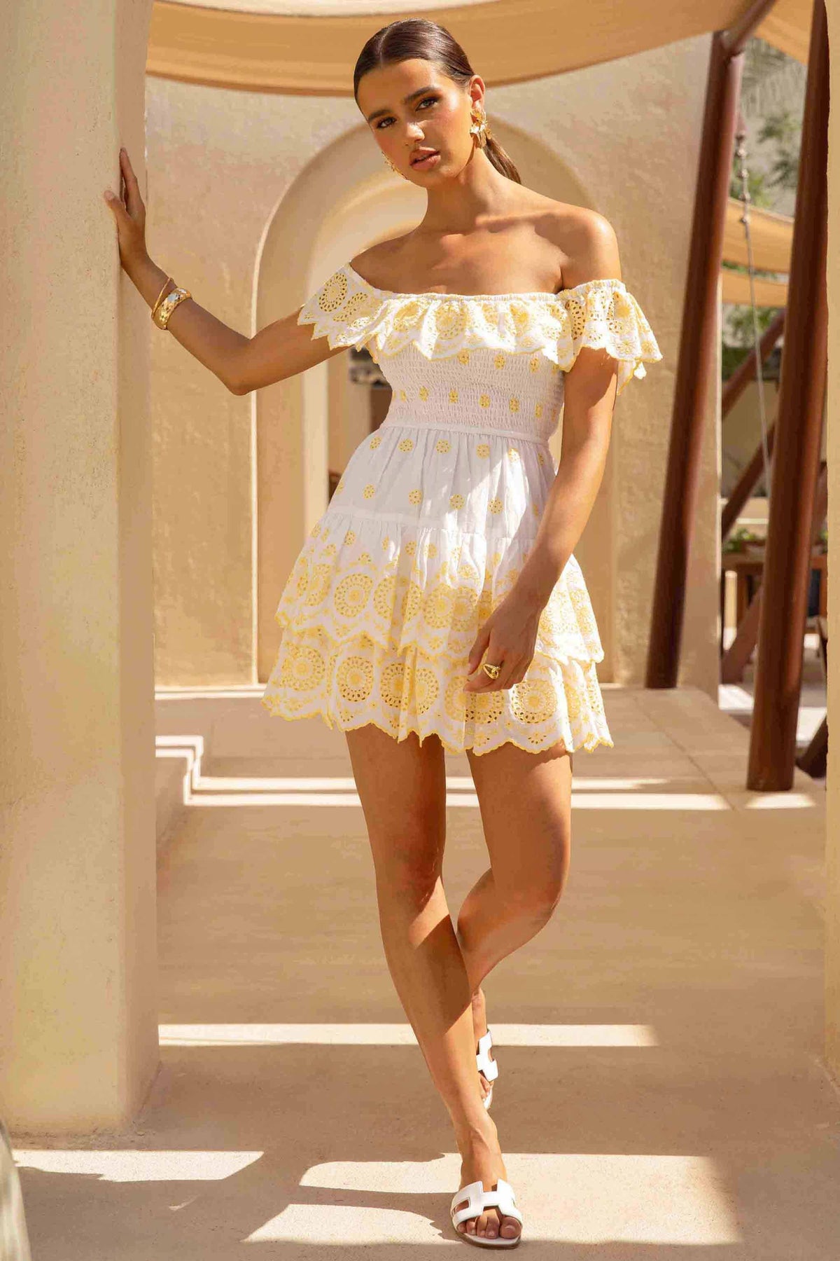 Andrea | Lemon and White Broderie Ruffled Bardot Mini Dress