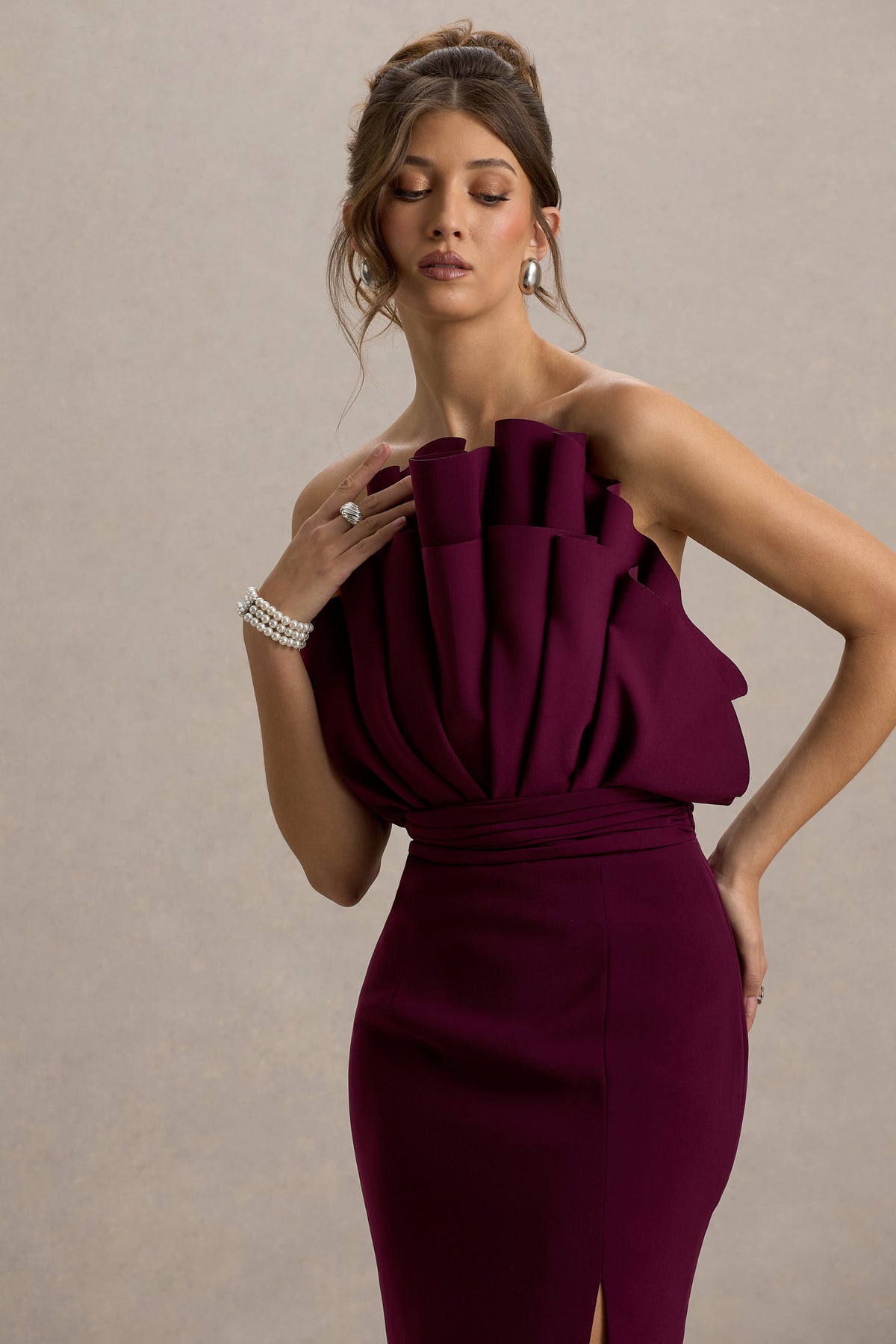 Set The Bar | Plum Ruffled Strapless Split Maxi Dress
