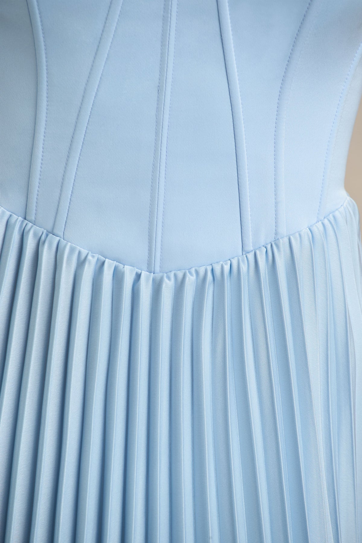 Peyton | Powder Blue Satin Sweetheart-Neck Midi Dress With Pleated Details