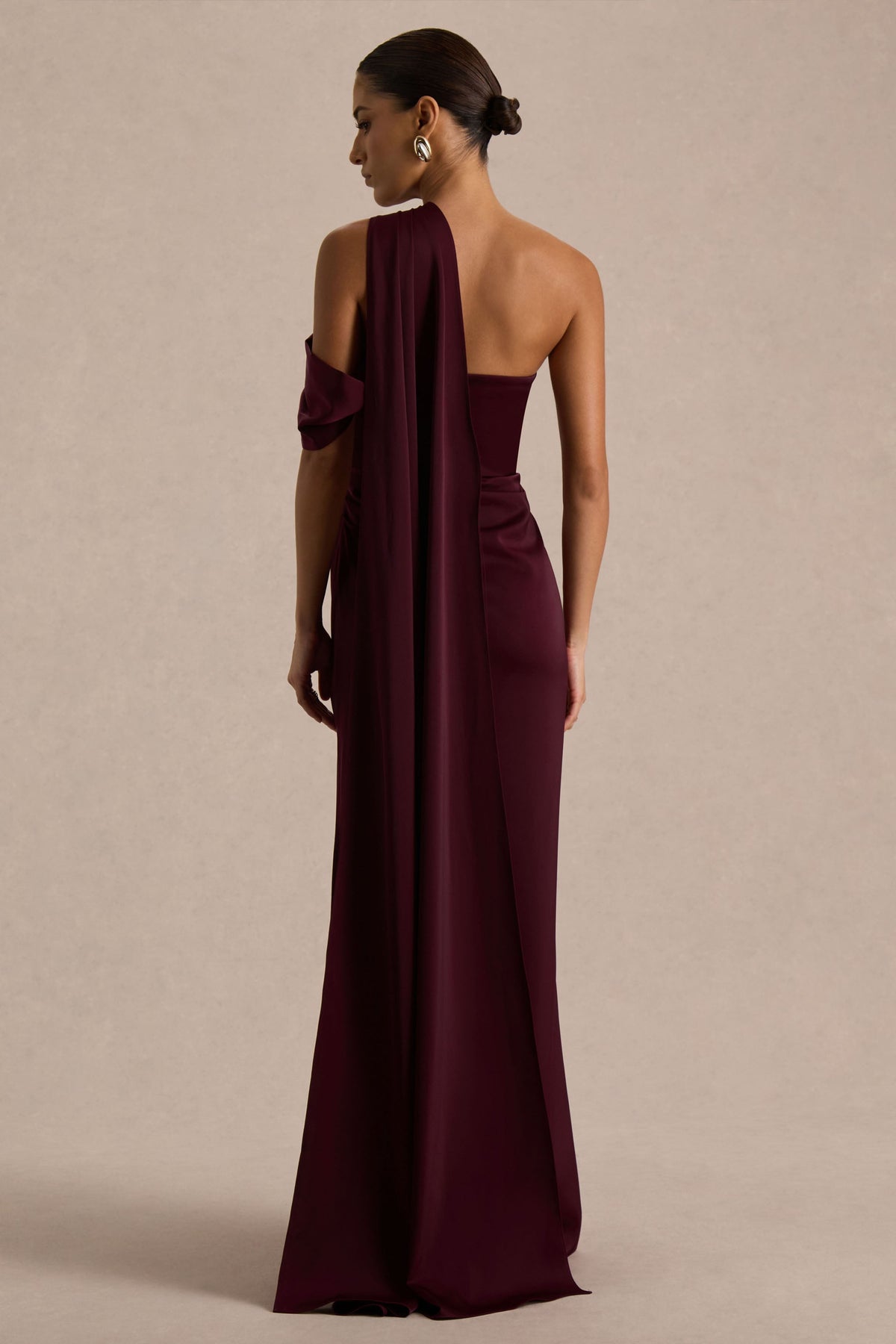 Yazmin | Burgundy Satin Asymmetric Maxi Dress With One-Sleeve Cape