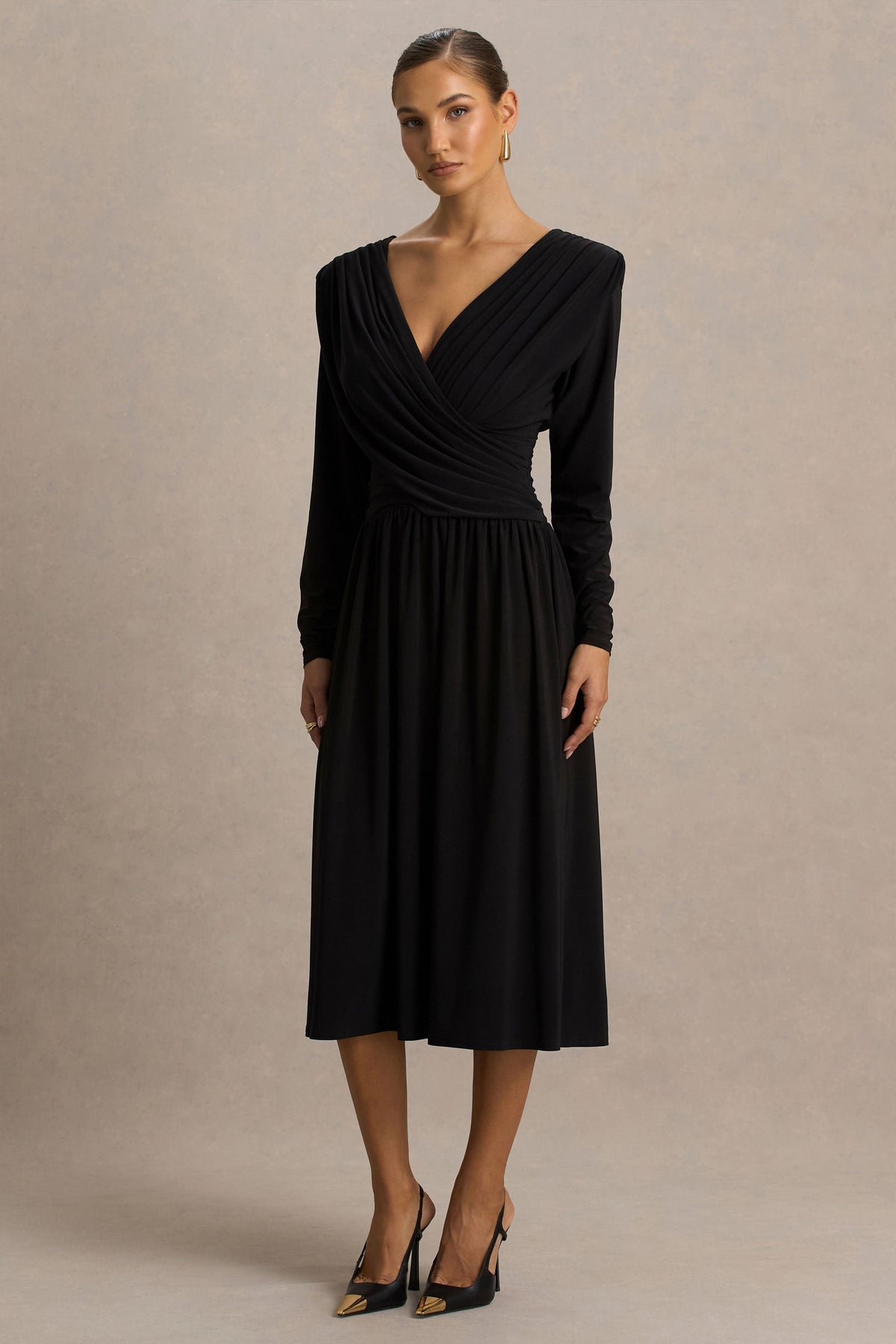 Alexis | Black Plunge-Neck Midi Dress With Draped And Ruched Detailing