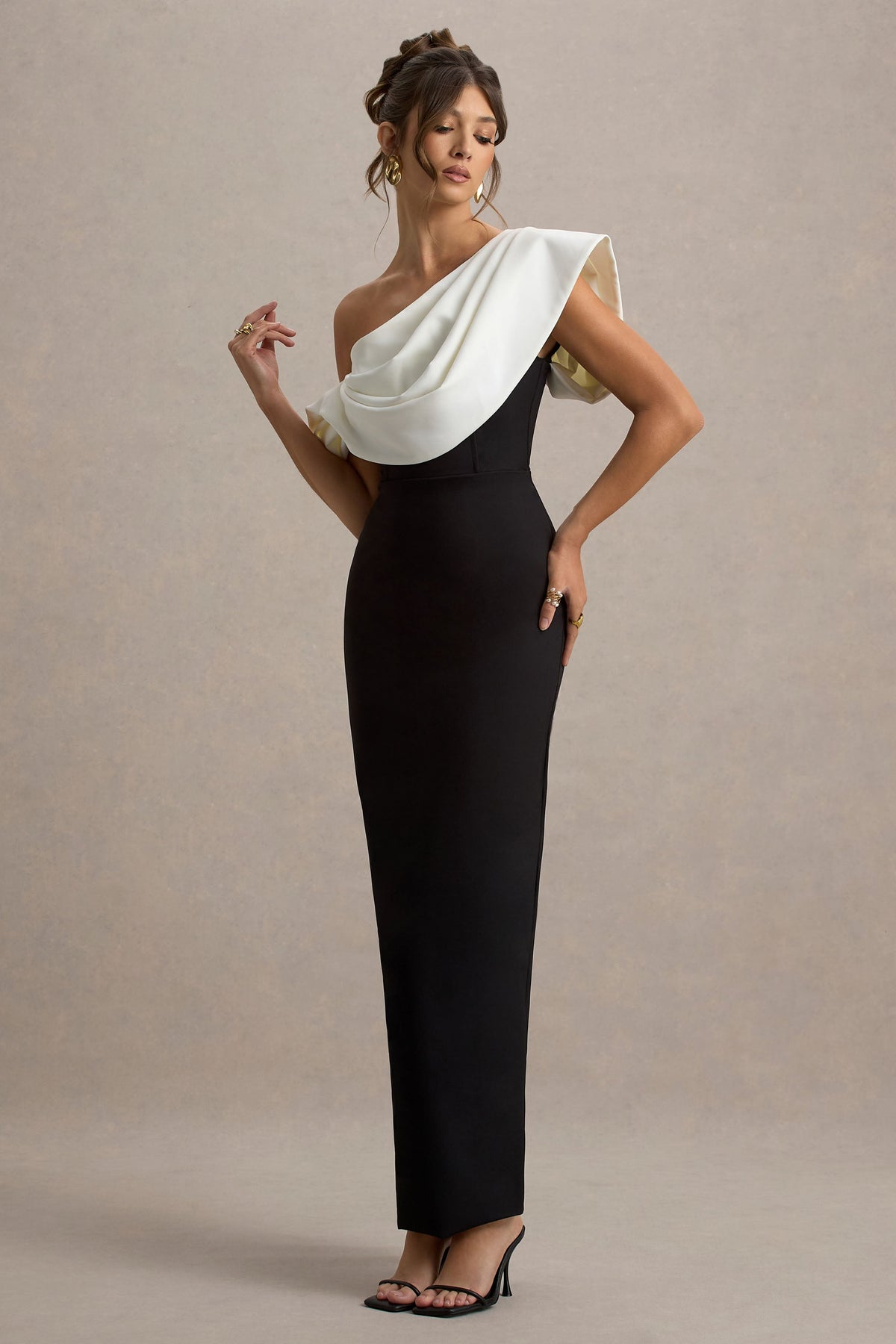 Angelina | Black & White Draped Shoulder Maxi Dress