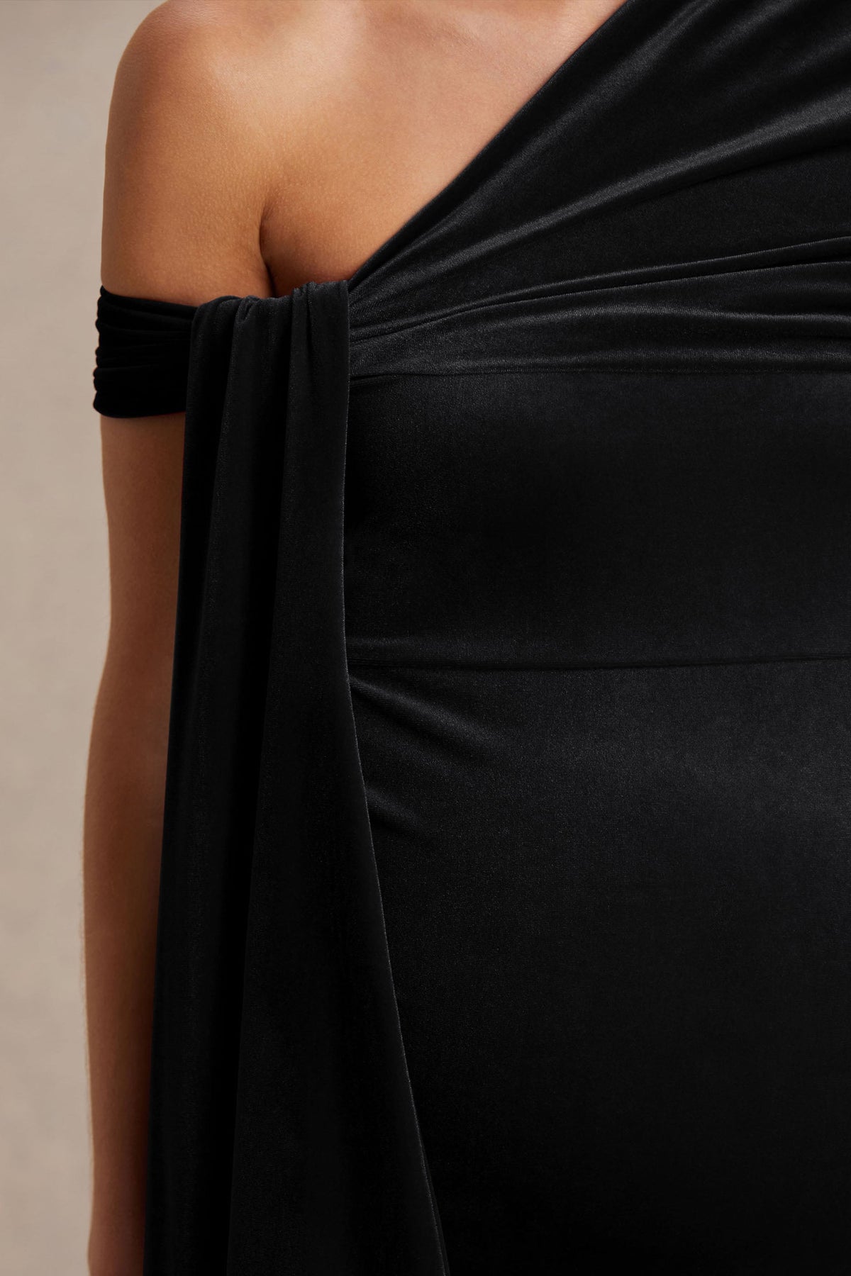 Zena | Black Velvet Asymmetric-Neck Maternity Midi Dress With Knot And Sash Detail
