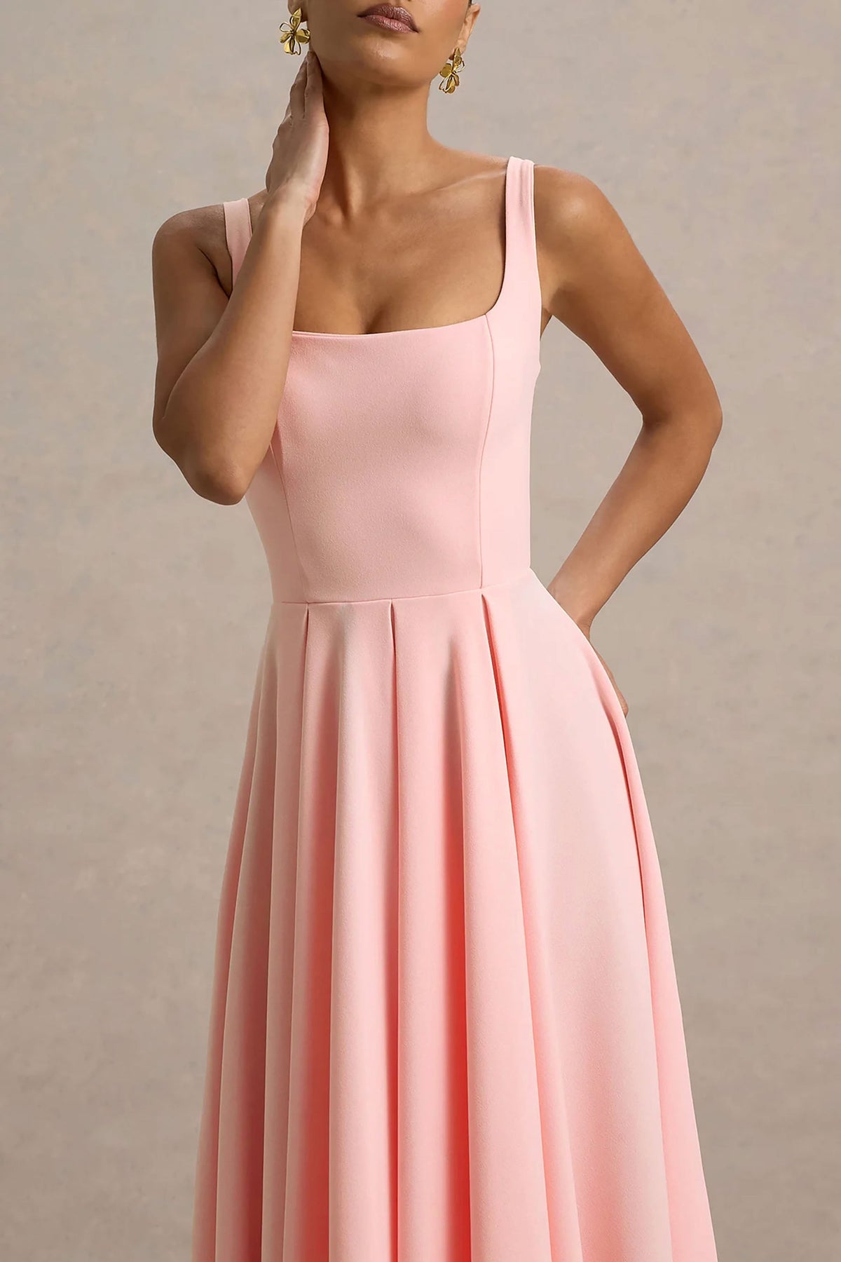 Parina | Pink Scuba Square Neck A-Line Midi Dress