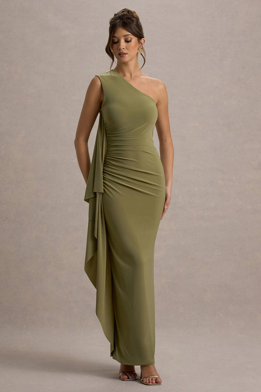 Adelina | Olive One-Shoulder Maxi Dress With Drape
