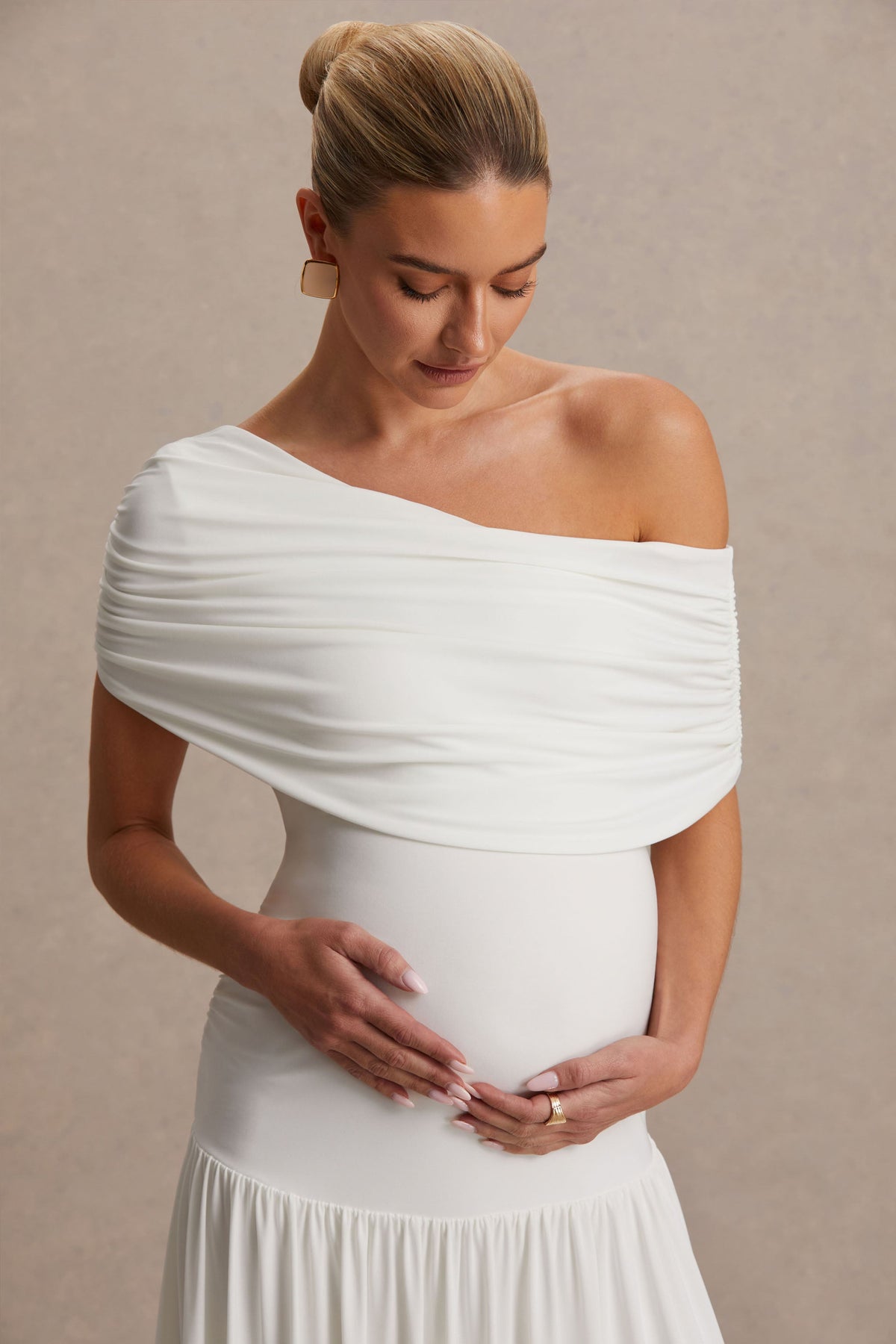 Noah | White Jersey Ruched One Shoulder Maternity A-Line Maxi Dress With Drop Waist