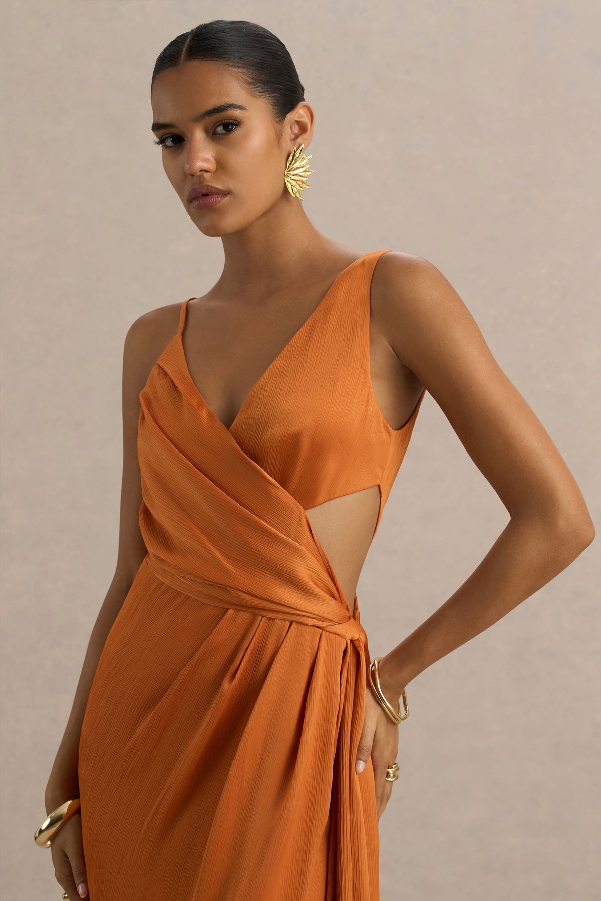 Livia | Orange Plunge-Neck Fishtail Maxi Dress