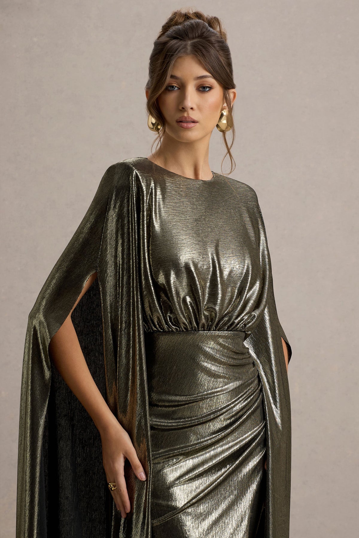 Theia | Gold Metallic Cape-Sleeve Split Maxi Dress