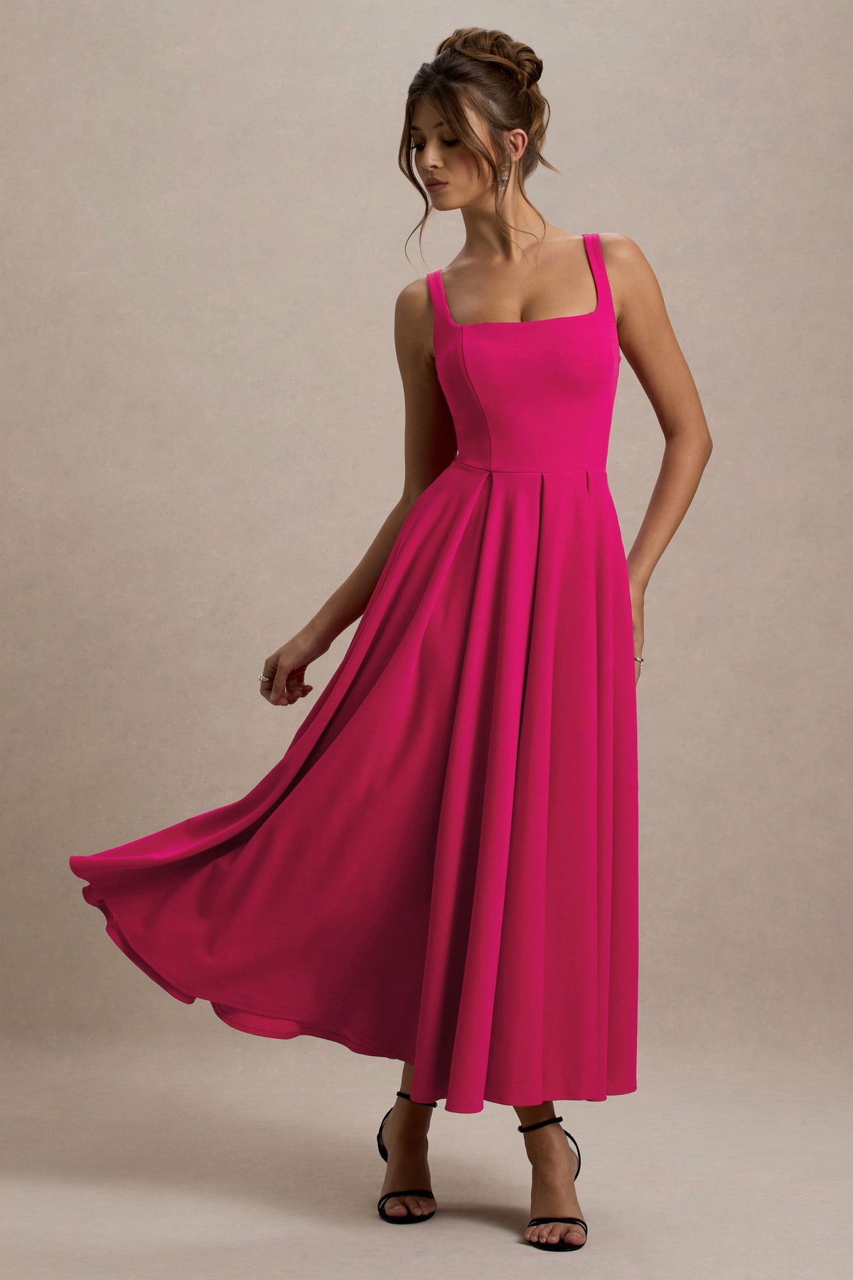 Parina | Hot Pink Scuba Square Neck A-Line Midi Dress