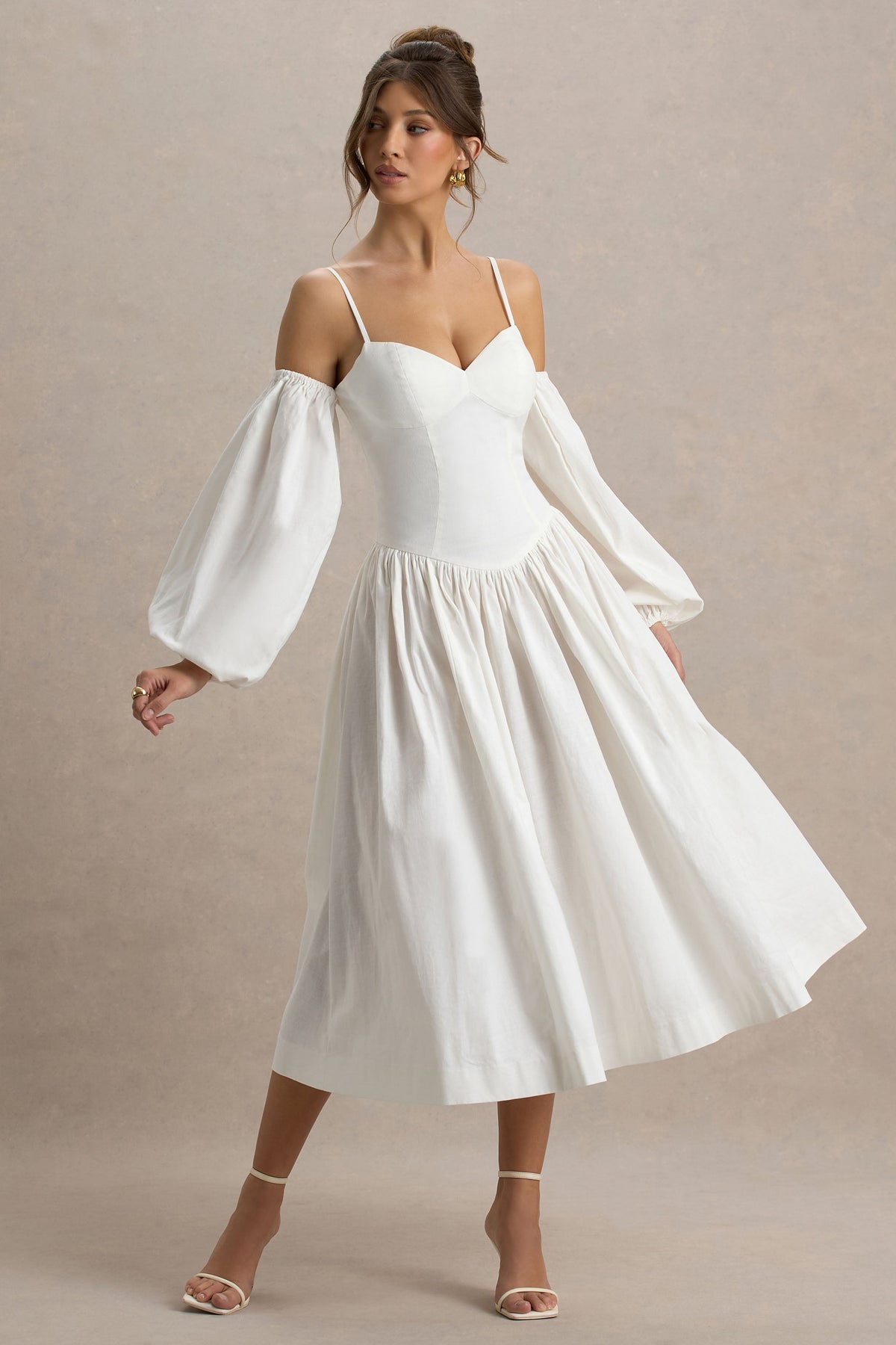 Macie | Cream Sweetheart Midi Dress With Balloon Sleeves