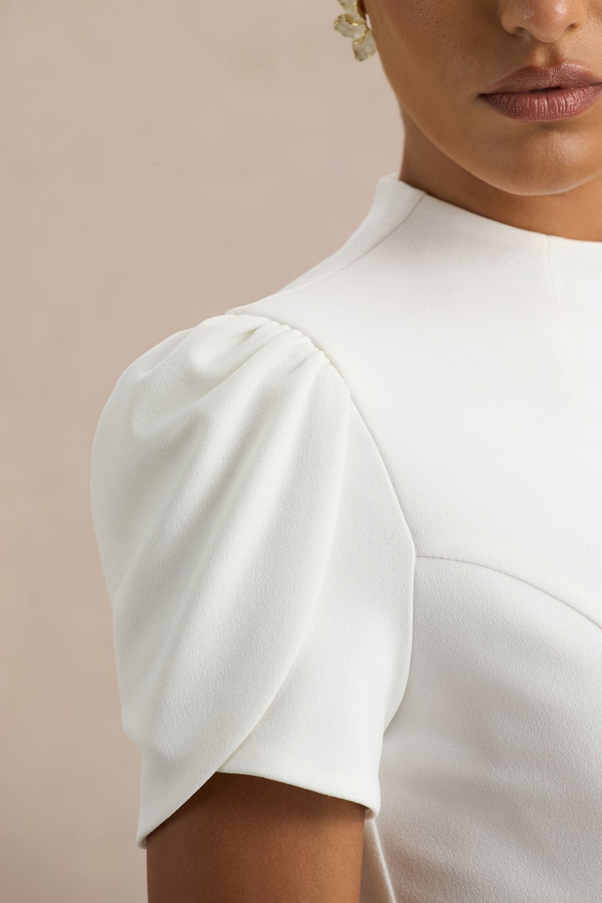Vicky | White High Neck Midi Dress With Puff Sleeves