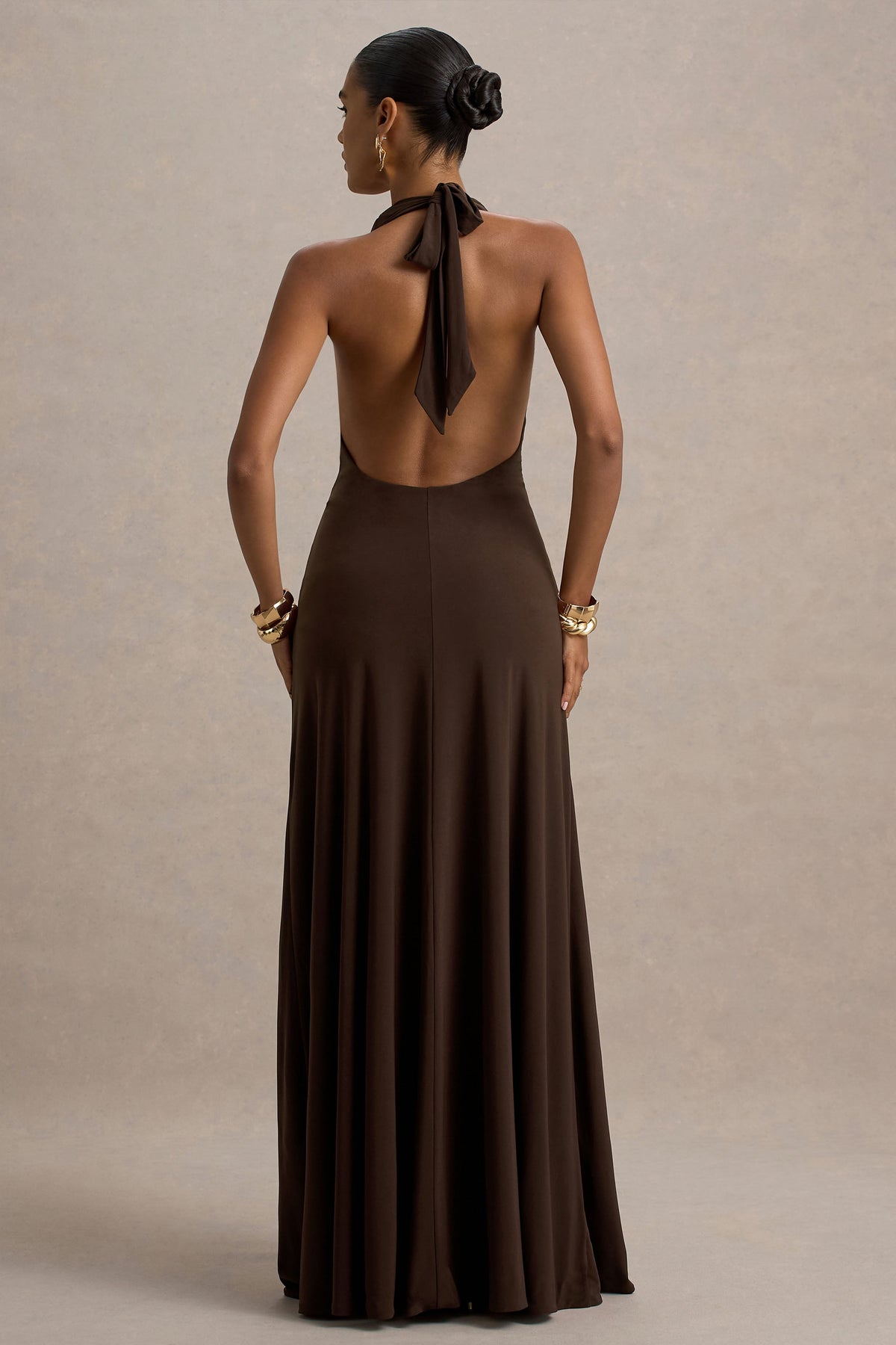 Mist | Brown Plunge-Neck Maxi Dress With Knot-Detail And Open-Back