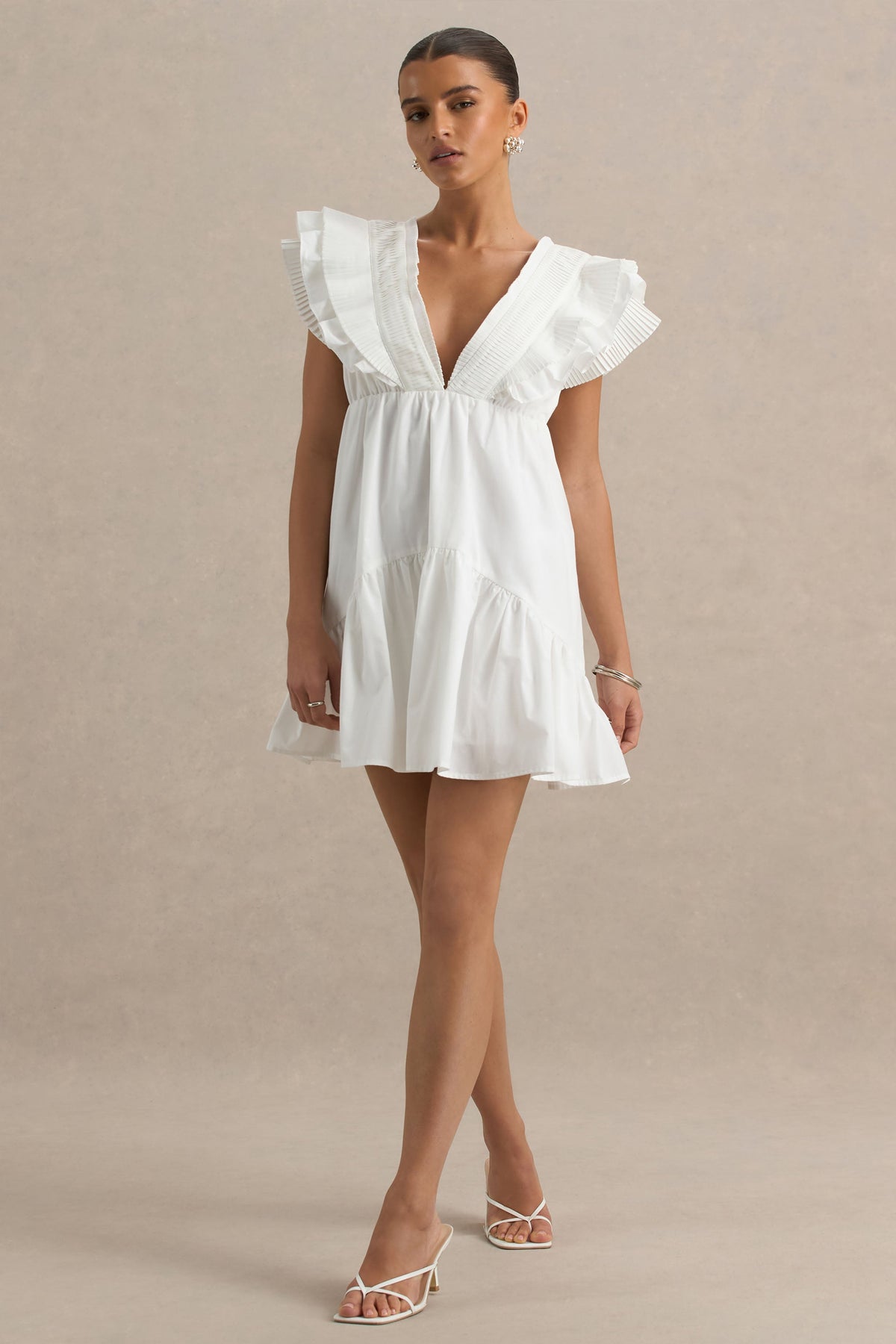 Judie | White Poplin V-Neck Ruffled Mini Dress
