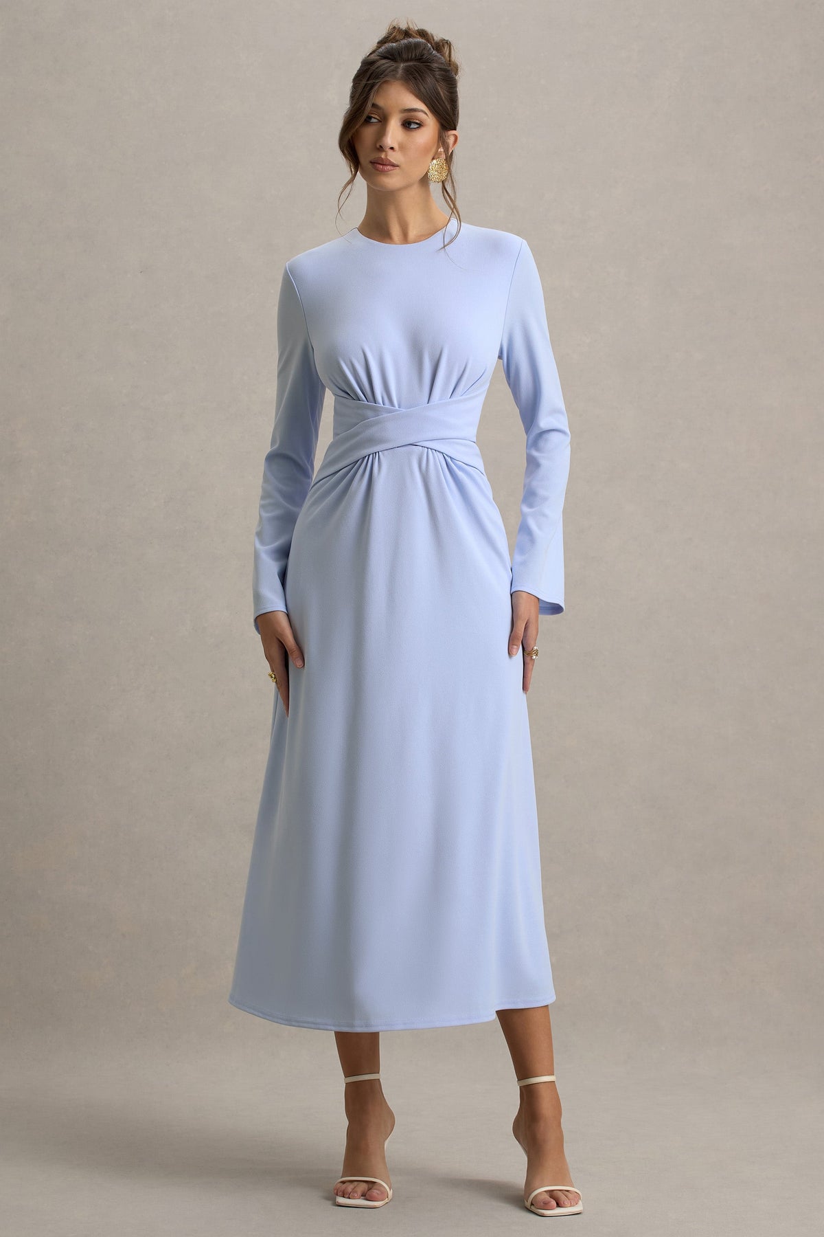Cassiopeia | Light Blue Long-Sleeve Midi Dress With Cross Waist
