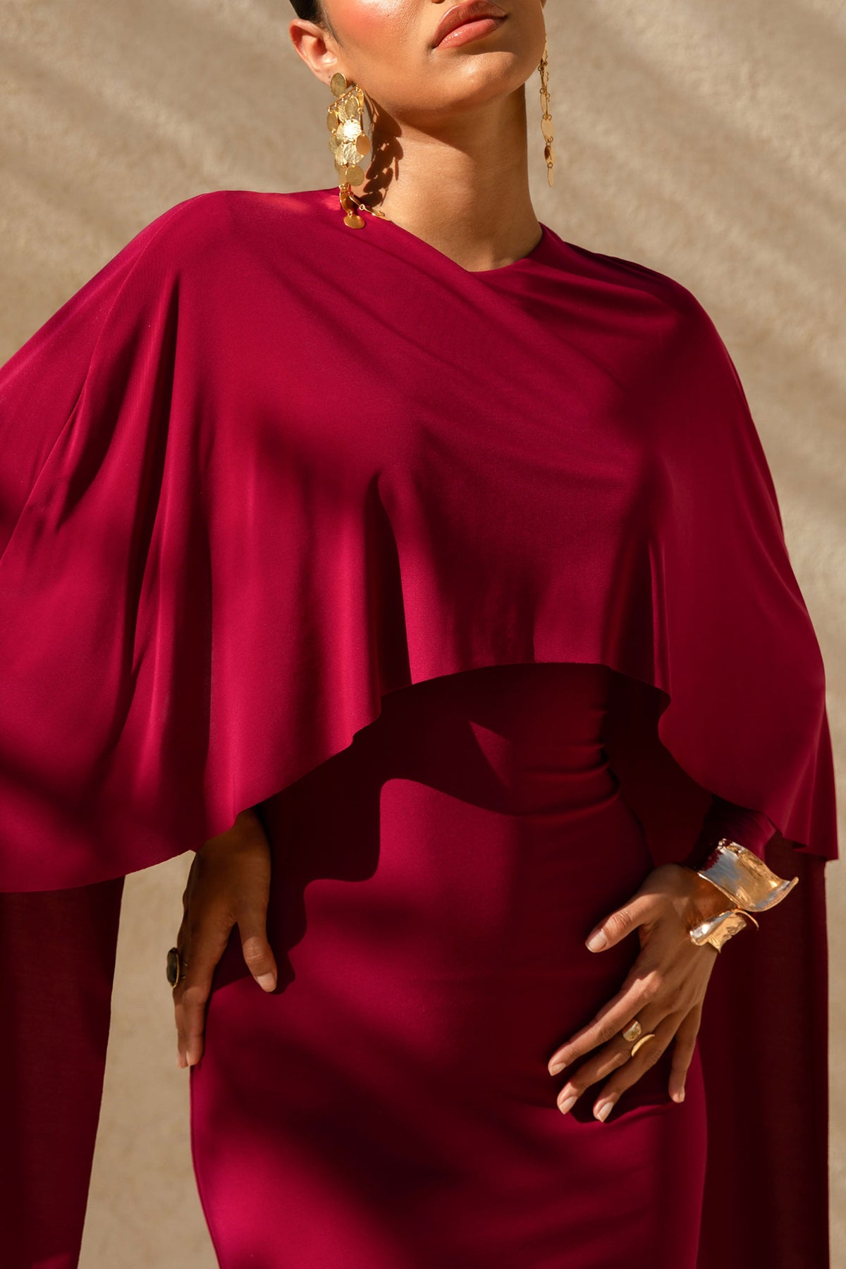Belinda | Burgundy Draped Maxi Dress With Cape Sleeves