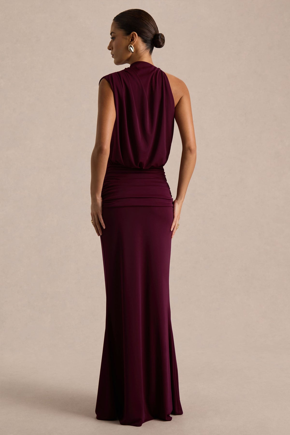 Umaira | Burgundy Ruched High Neck Maxi Dress With Draped Detailing