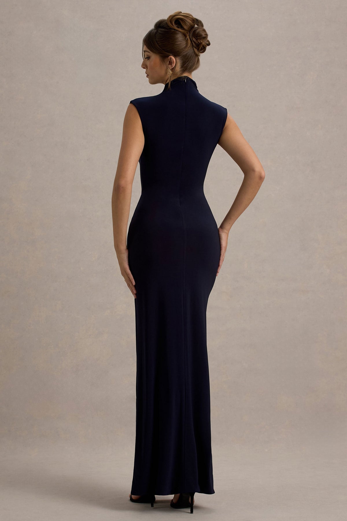Lanetta | Navy Ruched High-Neck Maxi Dress With Split