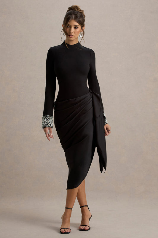 Luanna | Black Satin Long-Sleeve Midi Dress With Draped Skirt And Embellised Cuffs