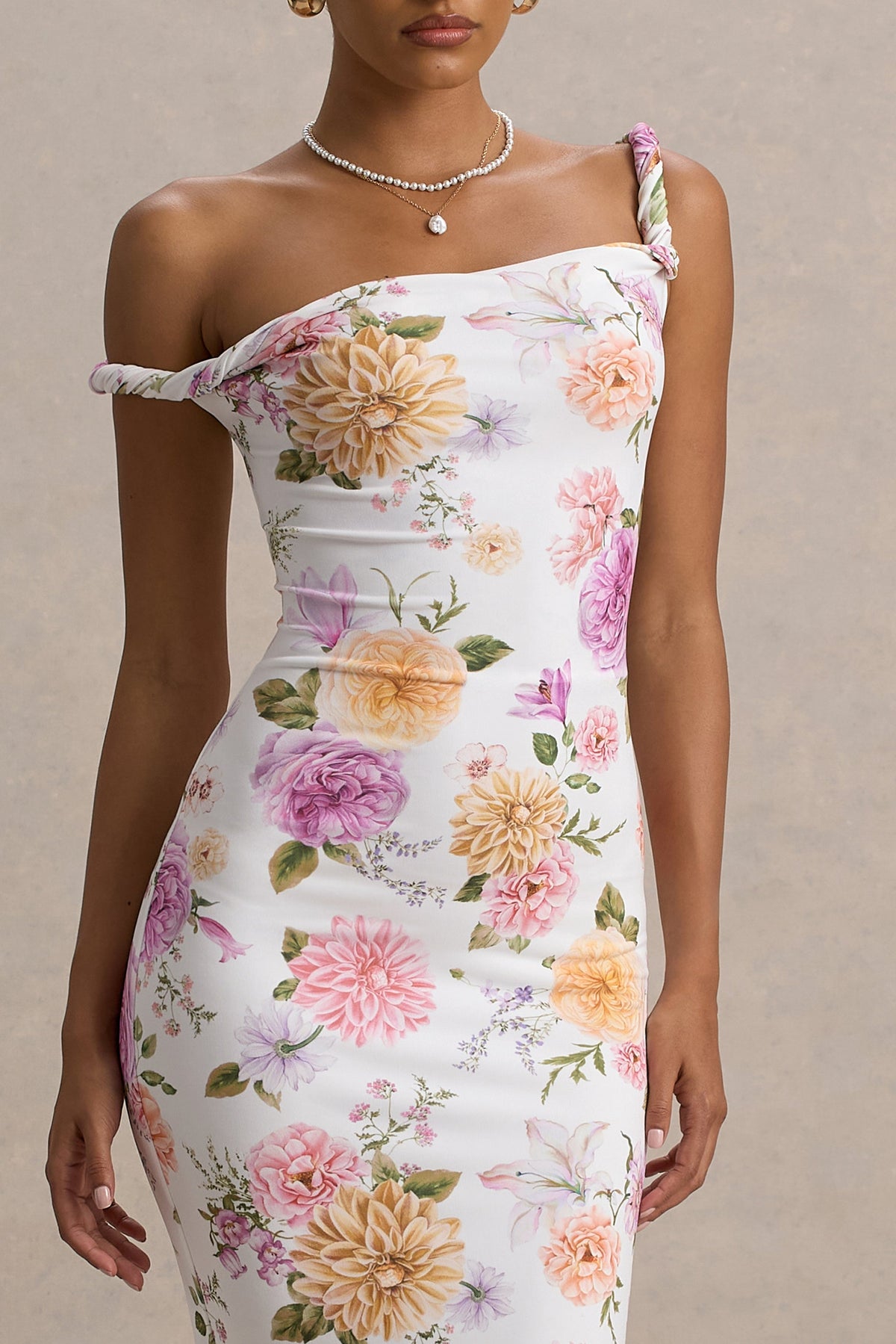 Nora | Peach And Lilac Floral Twisted Asymmetric Midi Dress
