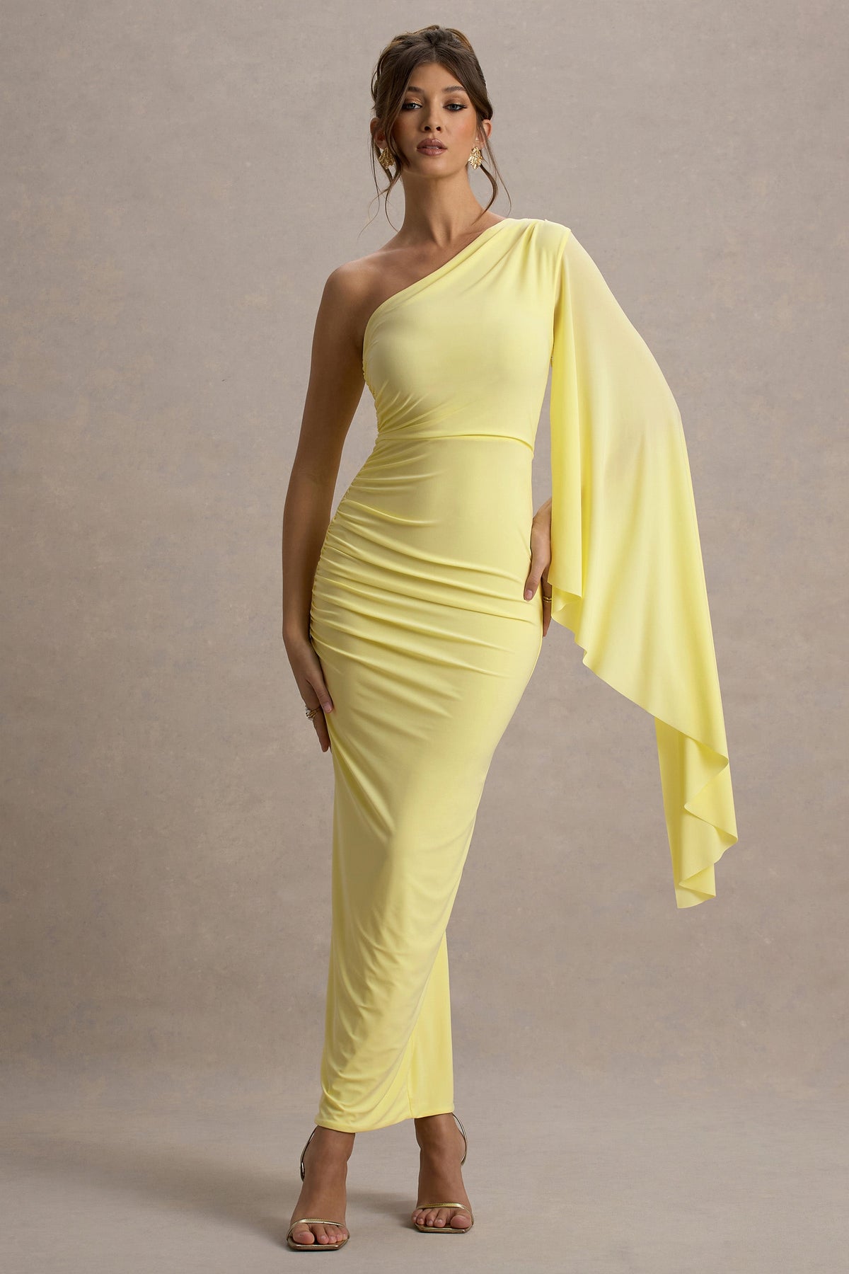 Clementina | Lemon Asymmetric Cape Sleeve Maxi Dress