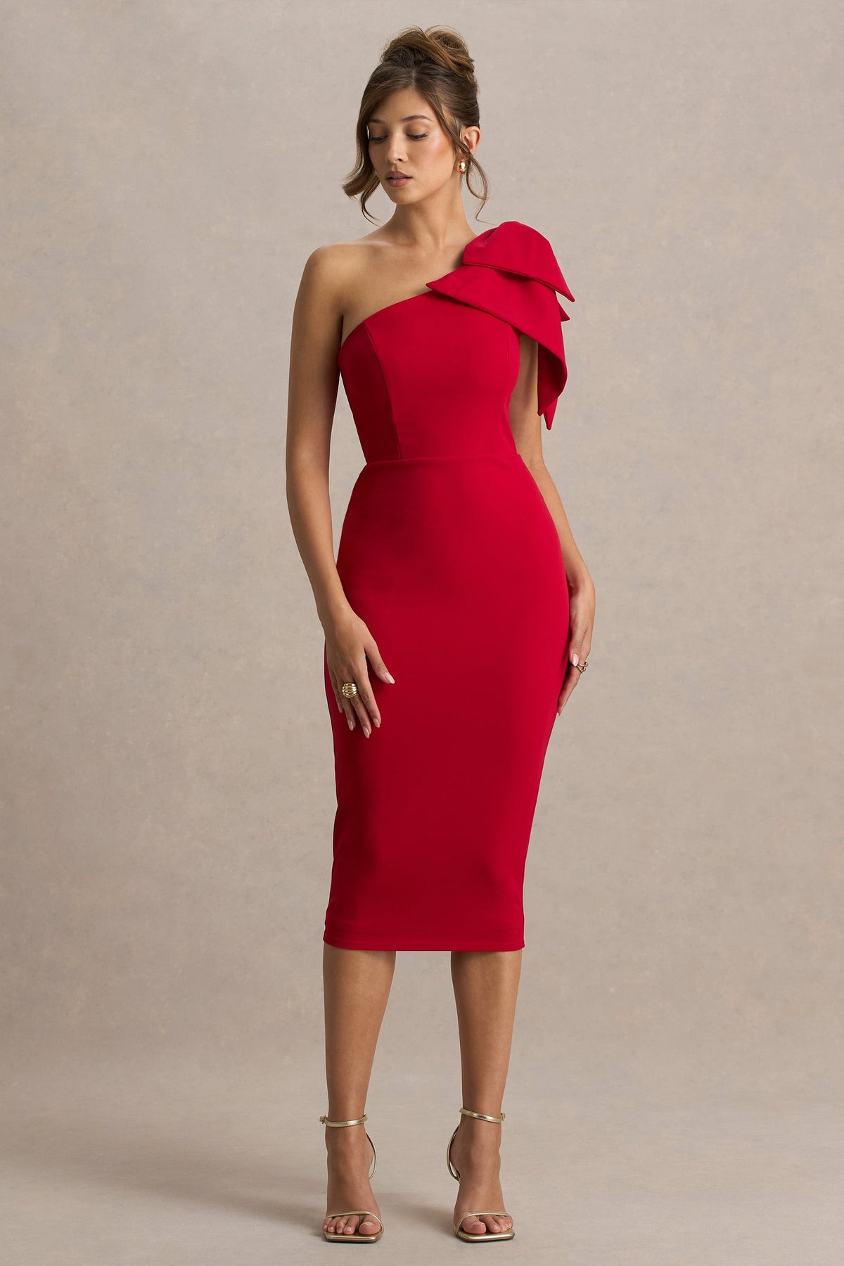 Ambretta | Red One-Shoulder Midi Dress With Bow