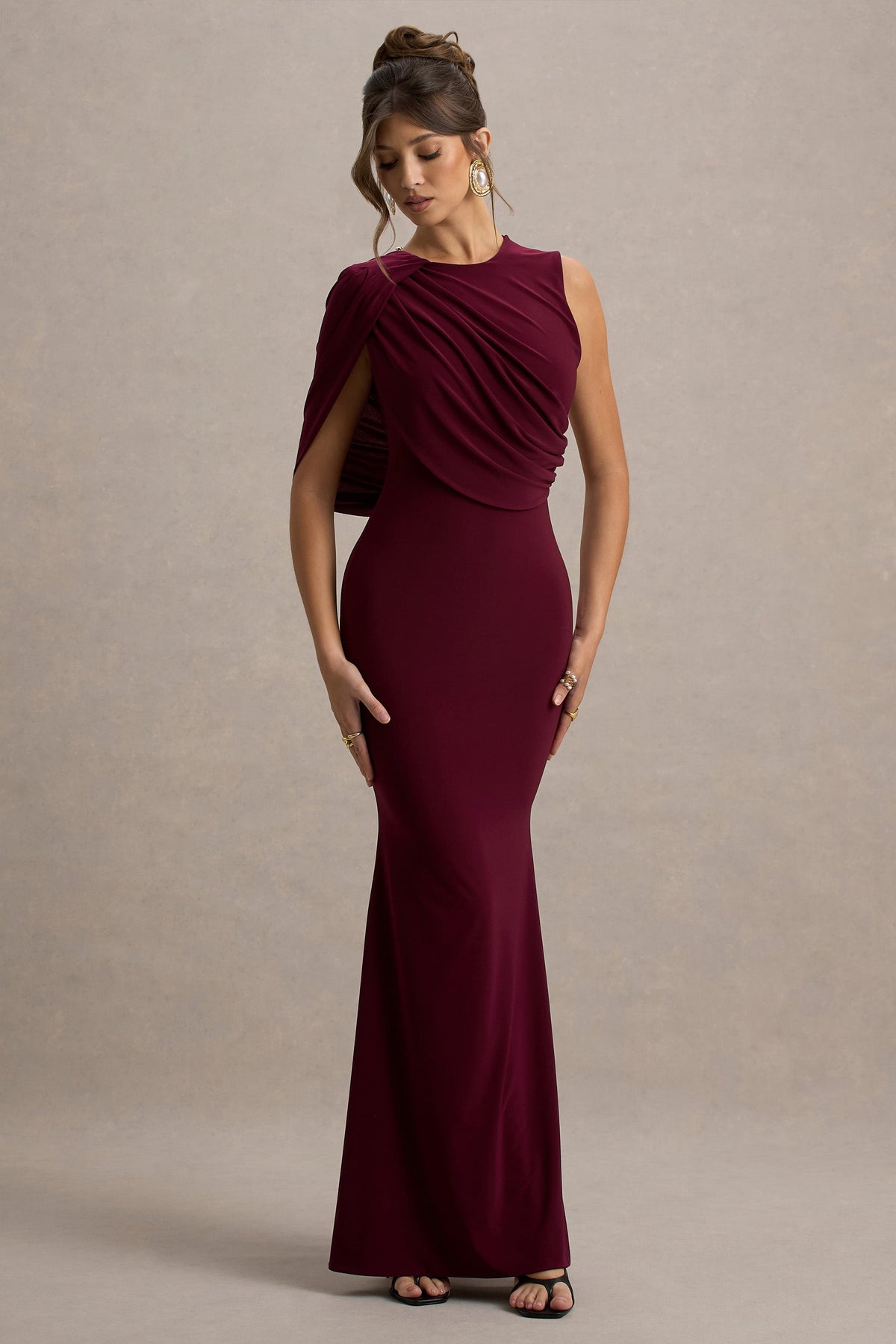Rae | Burgundy Maxi Dress With One-Sleeve Cape