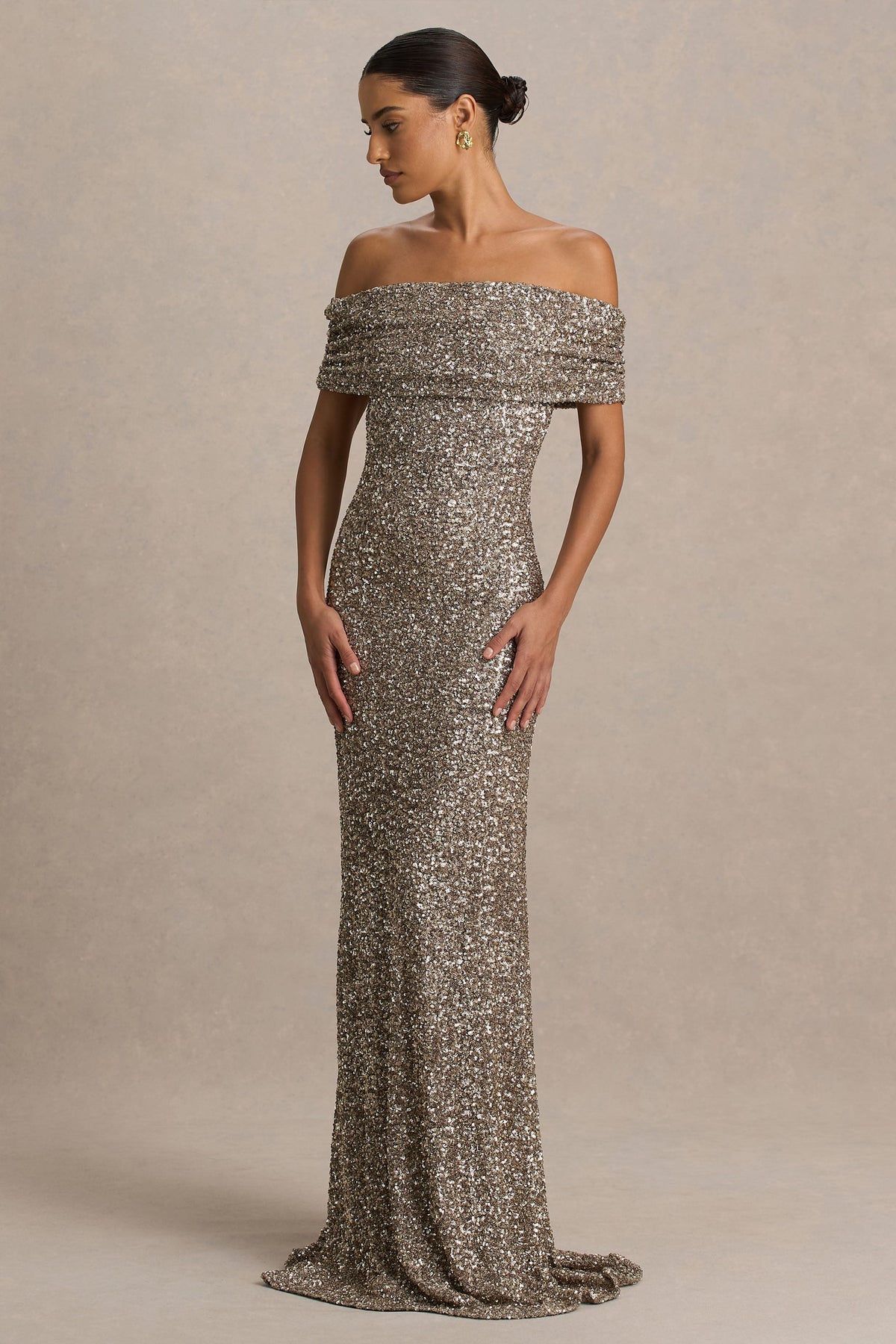 Melina | Champagne Sequin Bardot-Neck Maxi Dress