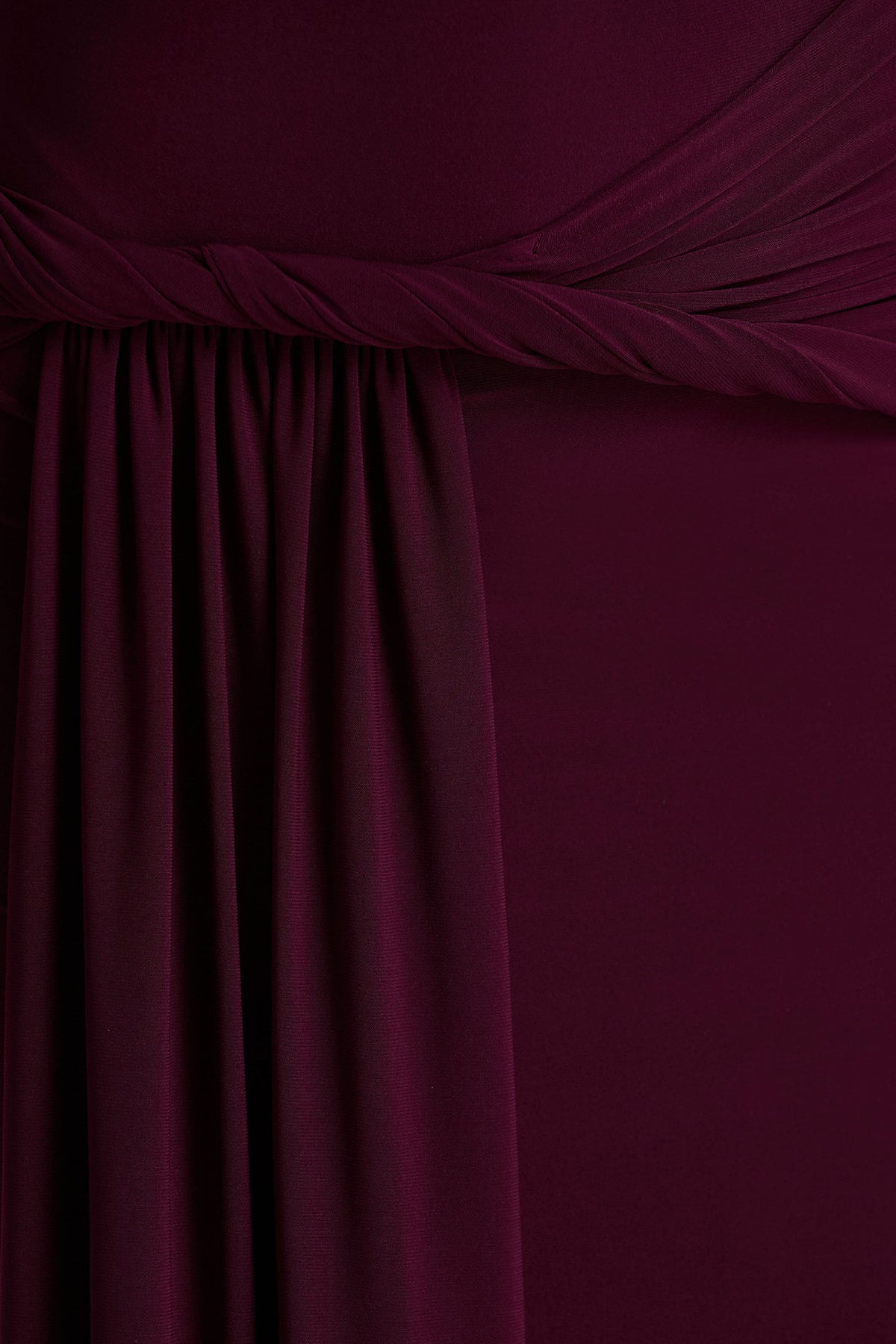 Tulisa | Burgundy Asymmetric-Neck Maxi Dress With Twist Sleeves And Ruched Detailing