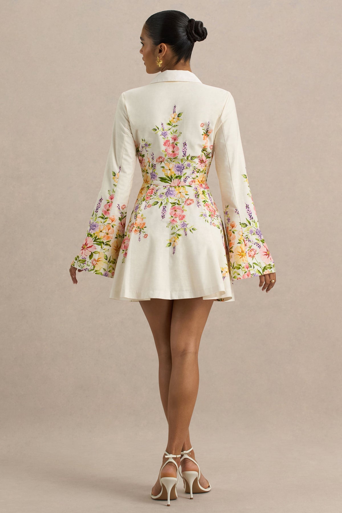 Alma | White Floral Border Print Shirt Mini Dress With Fluted Sleeves