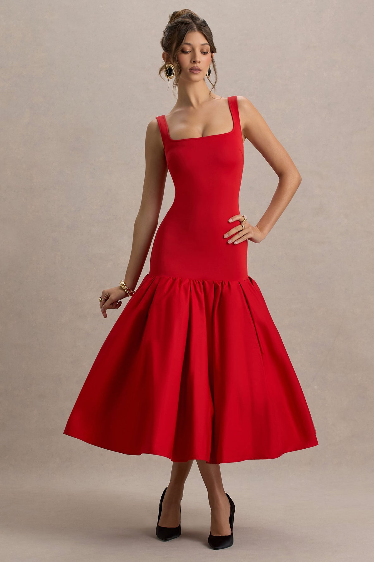 Parida | Red Poplin Drop-Waist Midi Dress With Peplum Hem