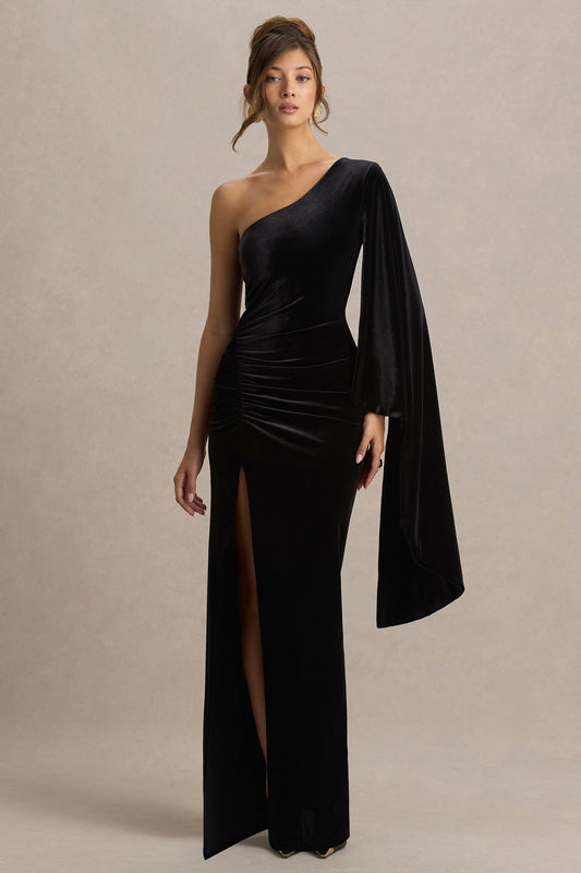 Camilla | Black Velvet Asymmetric-Neck Maxi Dress With Ruched Detailing