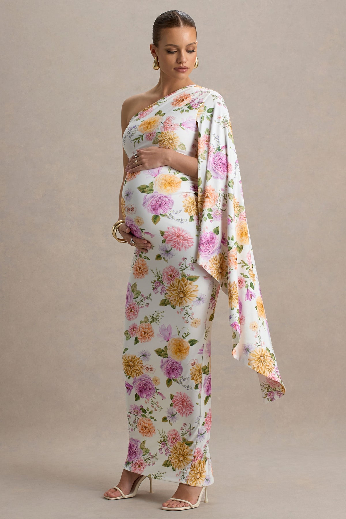 Aliana | Peach And Lilac Floral Print Asymmetric Maternity Maxi Dress With Ruched Detailing