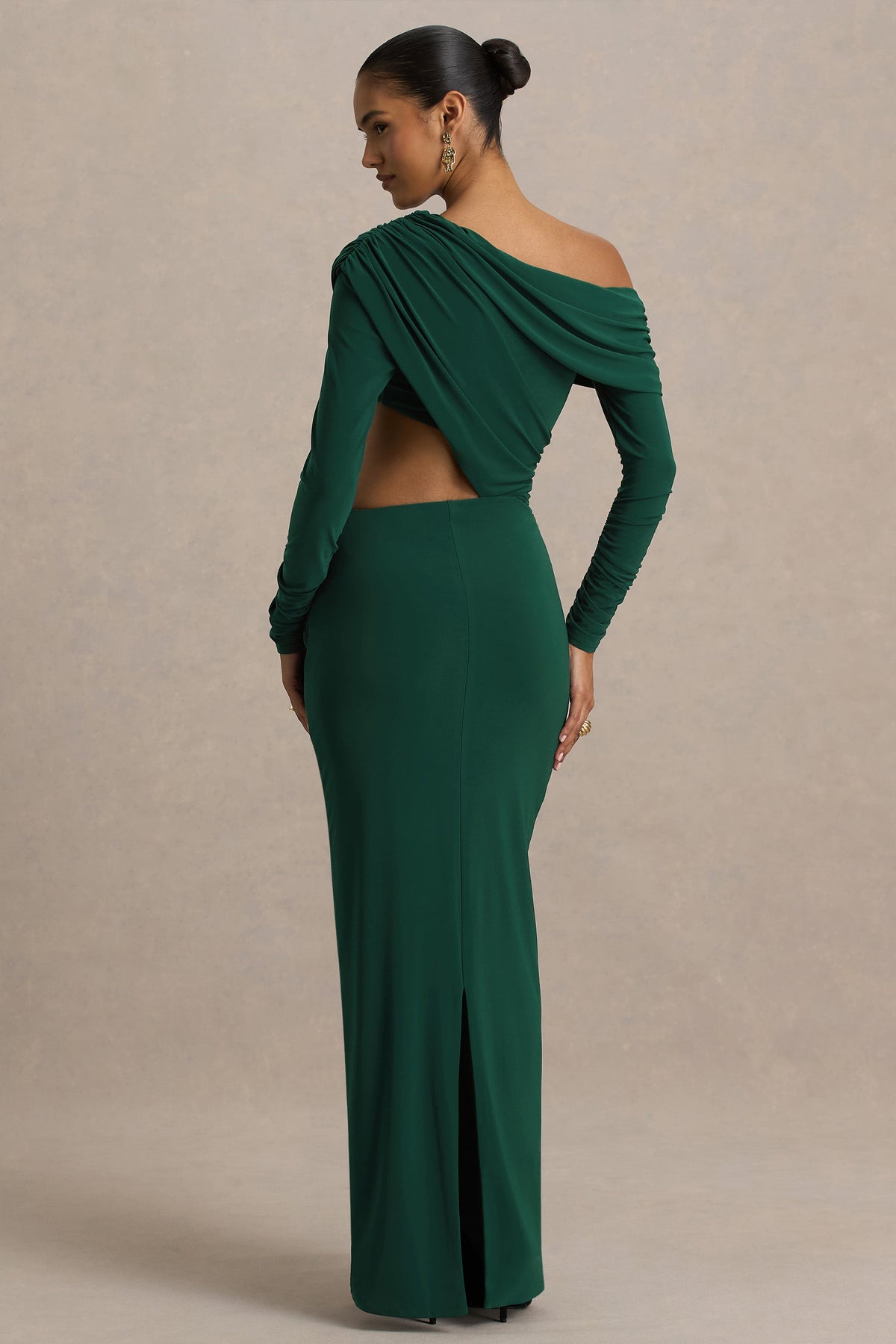 Mikayla | Dark Green Asymmetric-Neck Wrap Maxi Dress With Body Cut-Out And Ruched Detailing
