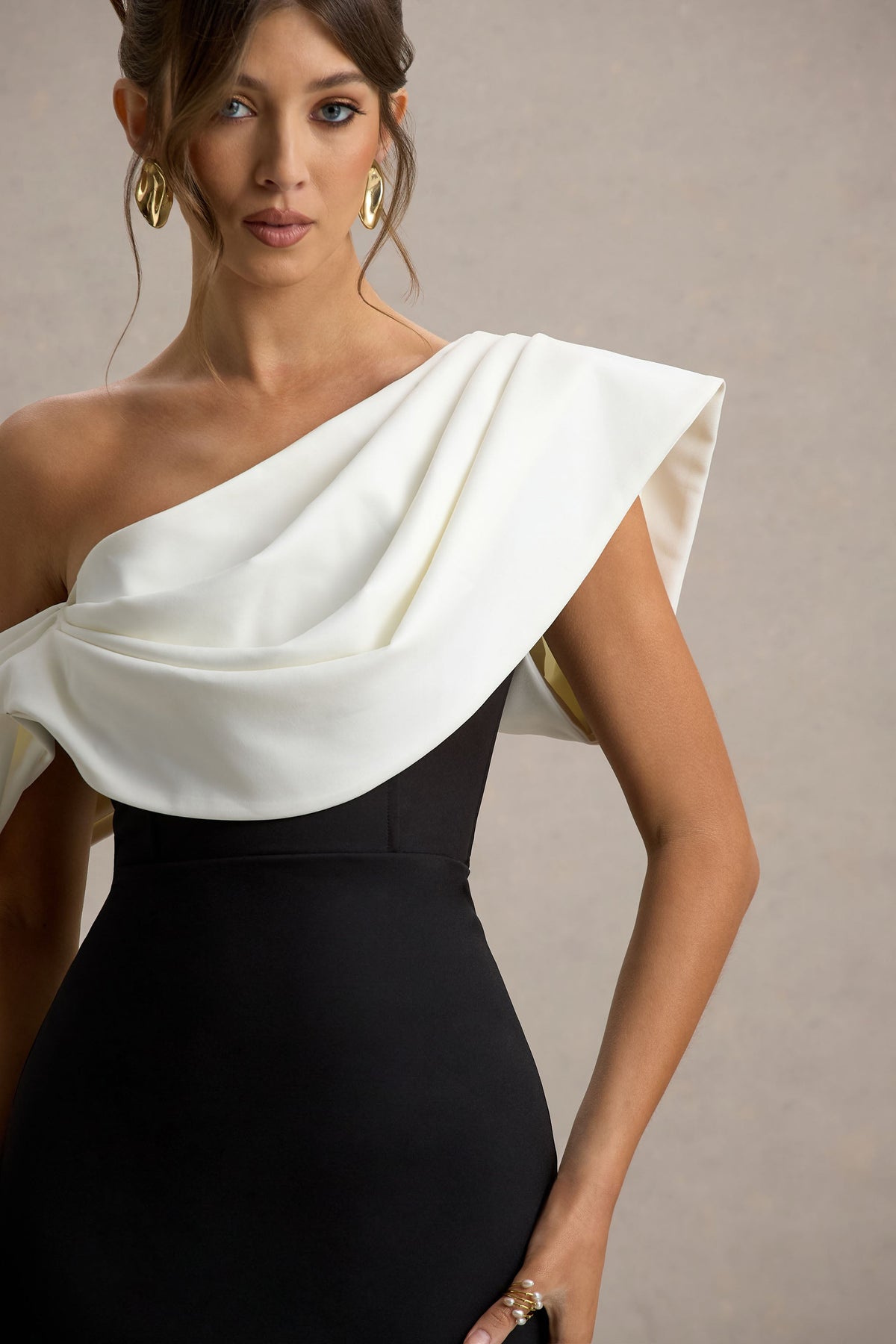 Angelina | Black & White Draped Shoulder Maxi Dress